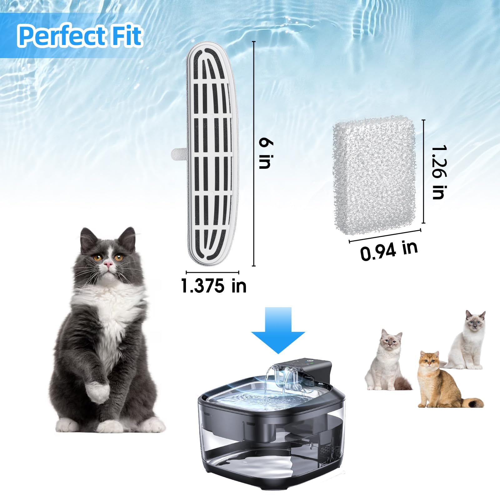 16 Pack Cat Water Fountain Filters-Cat Fountain Replacement Filters For Stainless Steel 108/3.2L Adjustable Water Flow Pet Water
