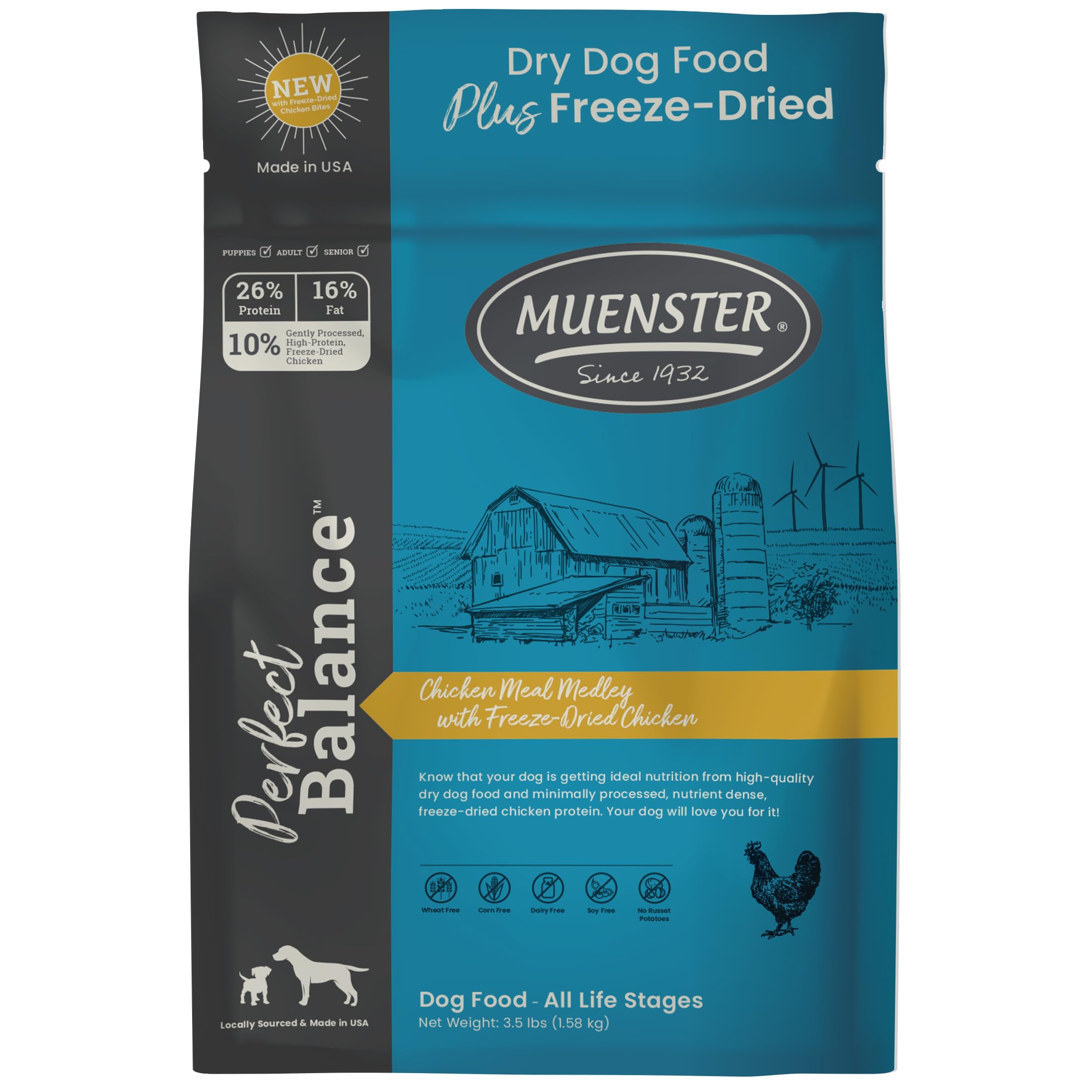 Muenster Perfect Balance Raw Chicken Kibble Mix with Freeze Dried Chicken for Dogs - High Protein, No Corn, Wheat, or Soy - Prob