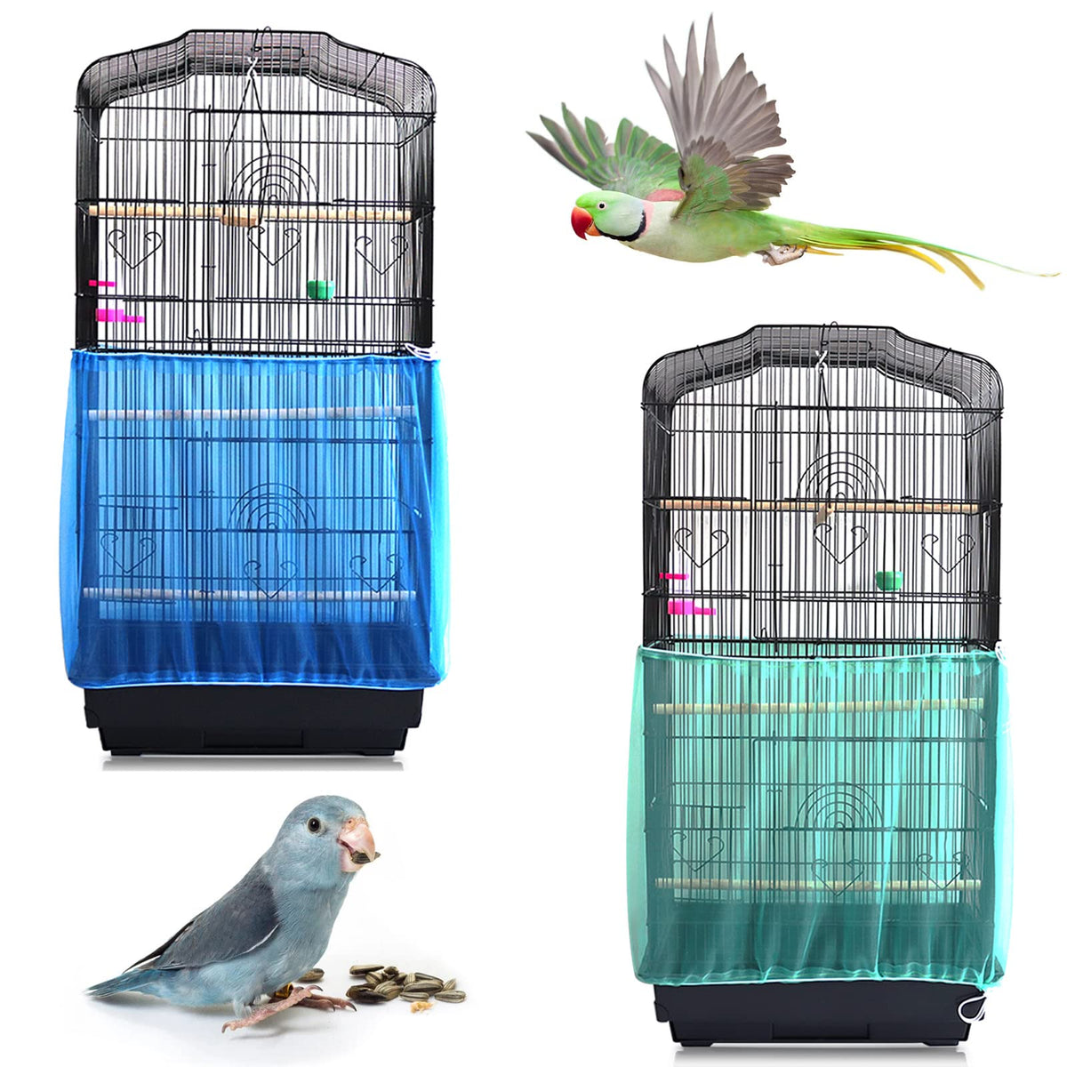 Daoeny 2Pcs Universal Bird Cage Cover, Adjustable Seed Feather Catcher, Soft Airy Nylon Mesh Parrot Net, Birdcage Cover Skirt Sheer Guard For Round Square Cages (Green+ Blue)