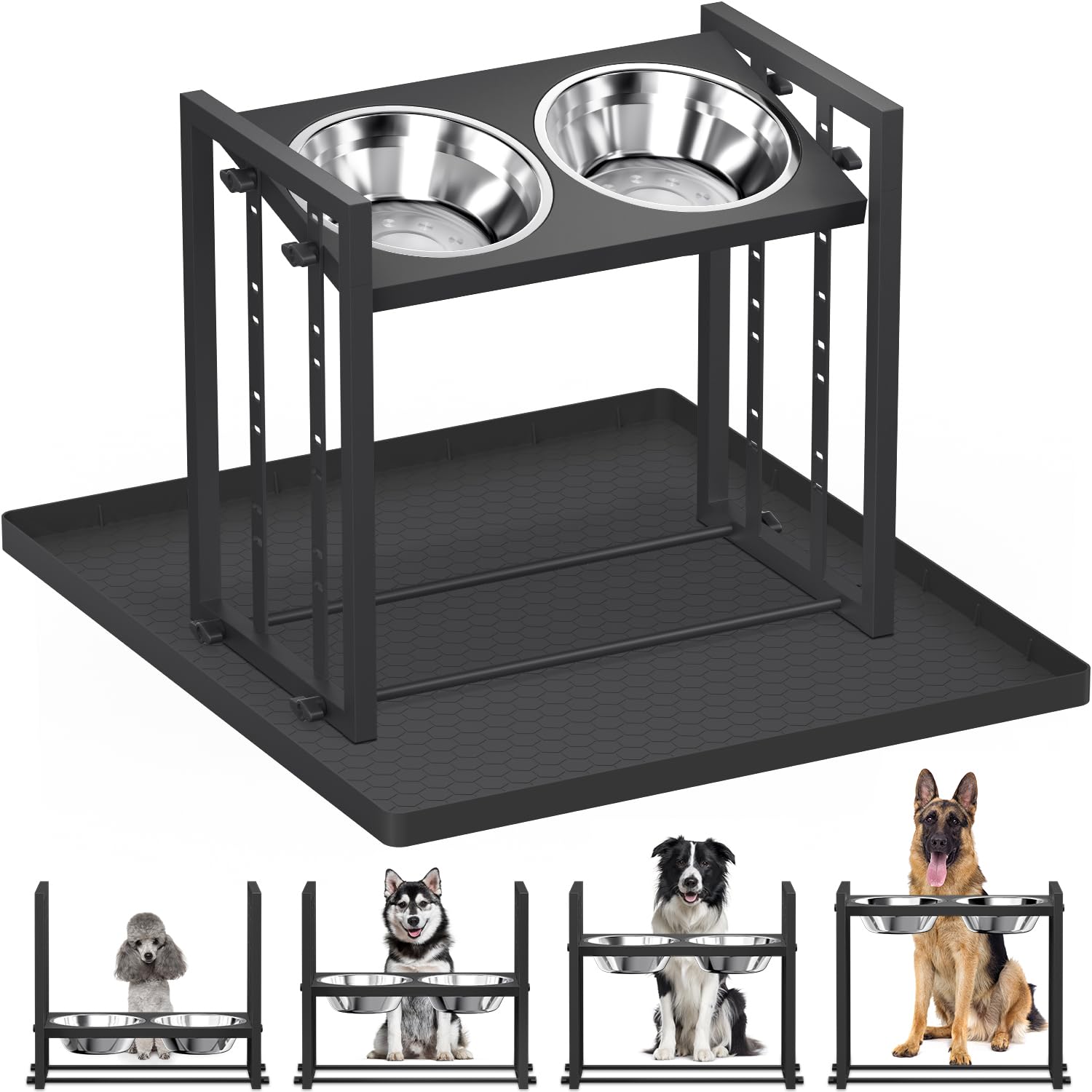Elevated Dog Bowls For Medium Breed: 4 Height Adjustable Raised Dog Bowl With Metal Stand, Feeder Station With 2 Stainless Steel