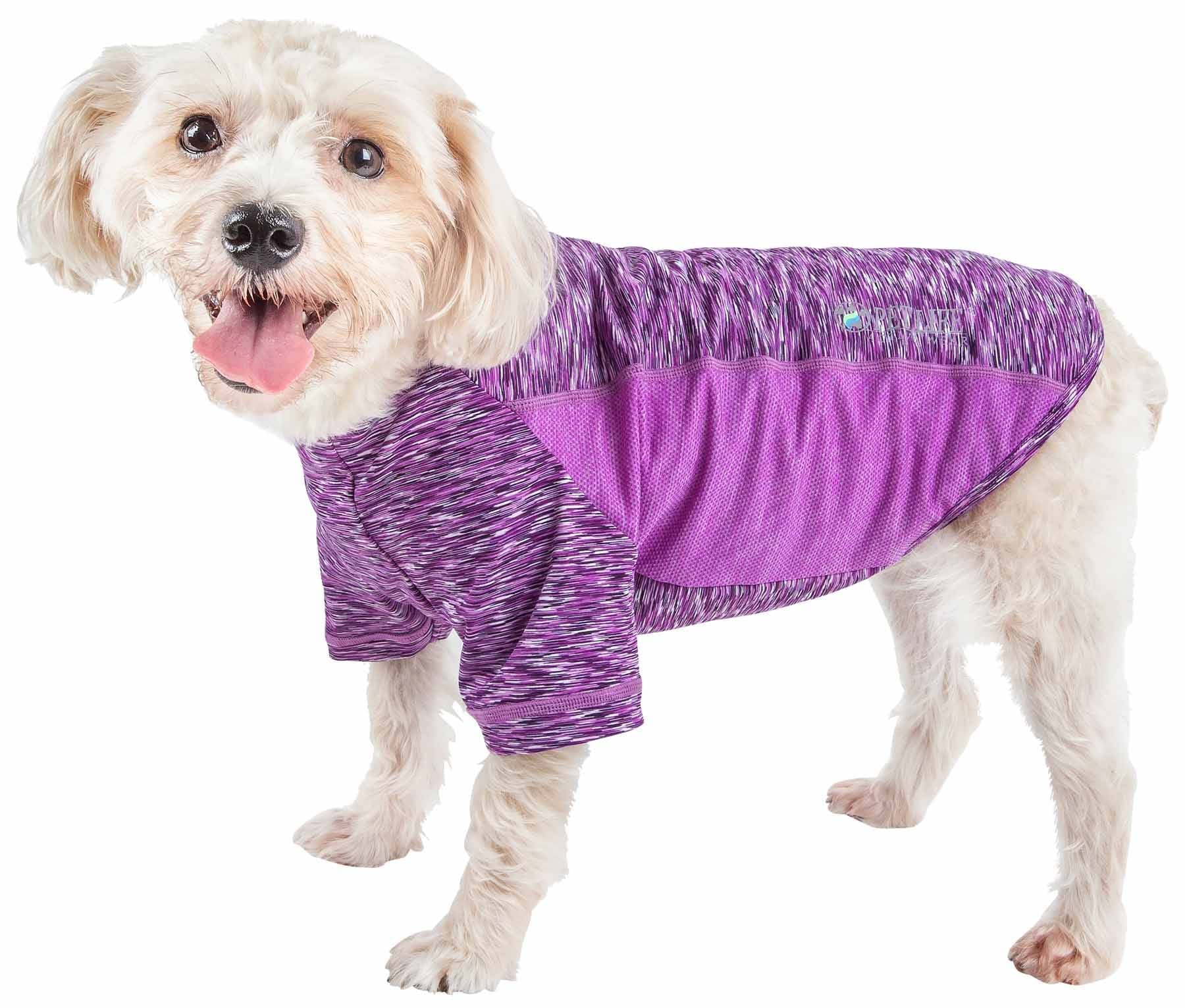 Pet Life  Active 'Warf Speed' Heathred Dog Fitness and Yoga Pet T-Shirt Dog Clothes - Performance Dog T-Shirt with 4-Way-Stretch