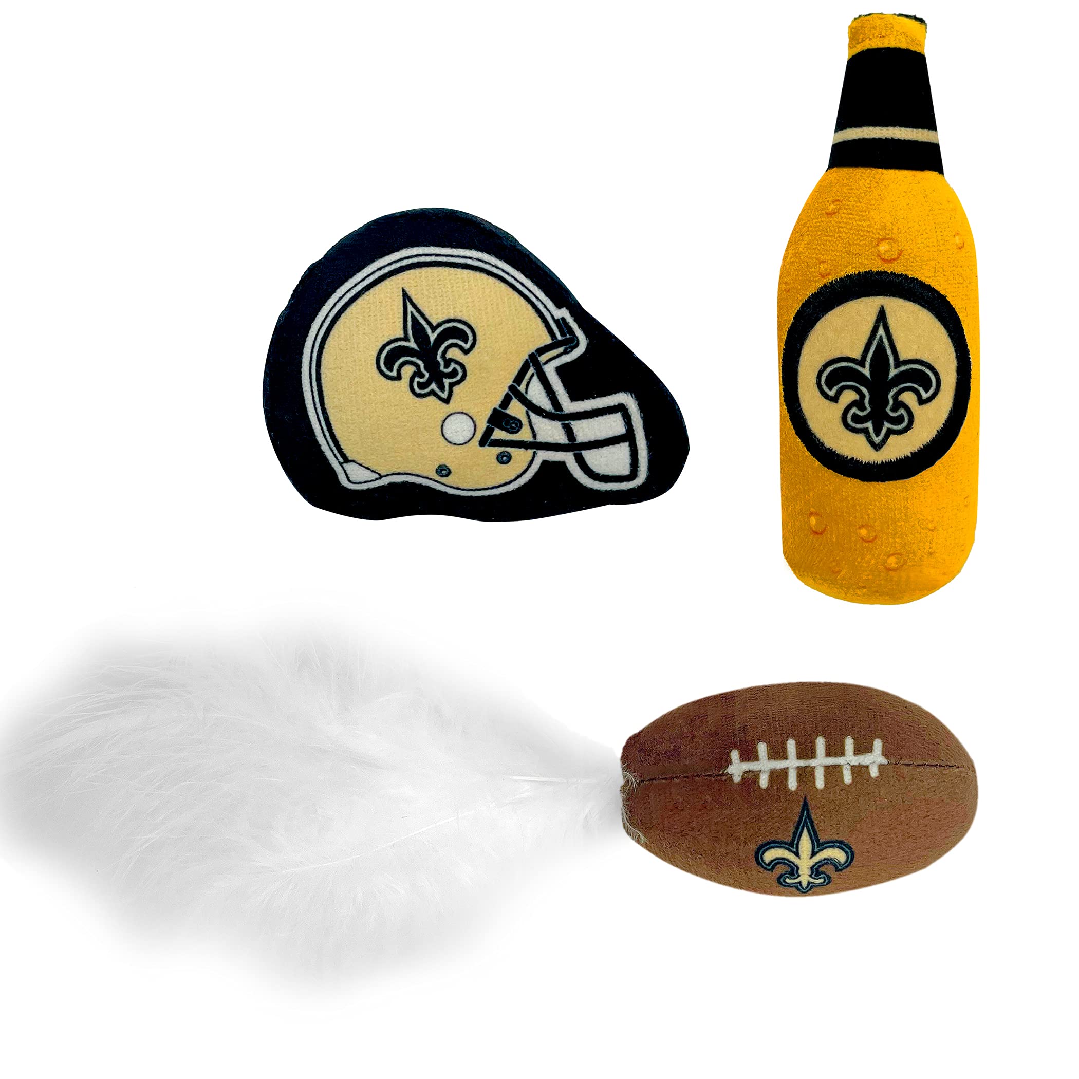 Pets First NFL New Orleans Saints Cat Toy Set - Plush, 3 Pieces, Fresh Catnip, Includes Helmet, Football, Beer Bottle