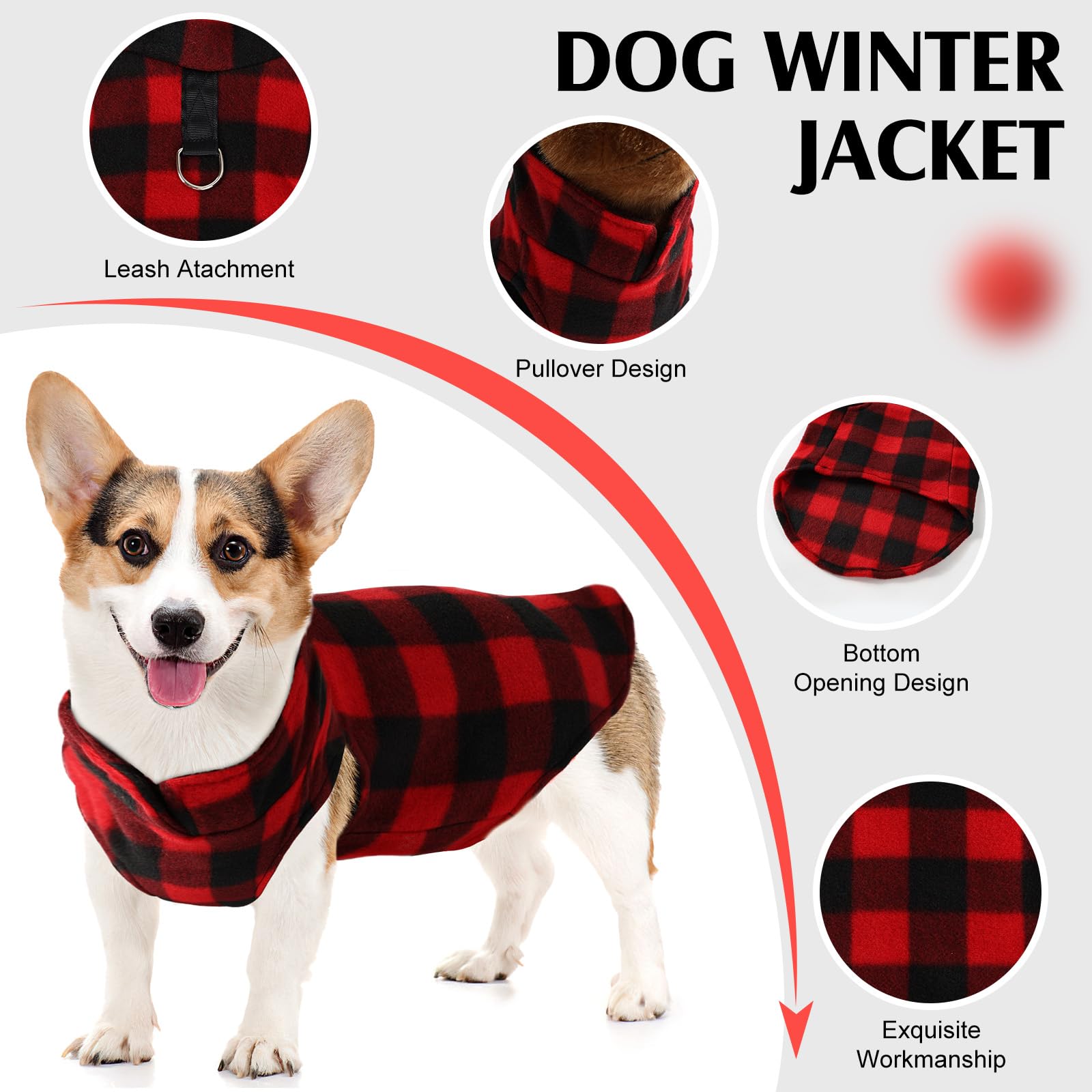 Fleece Dog Jacket - Warm Soft Stretchy Vest With D Ring Leash, Red Plaid, S