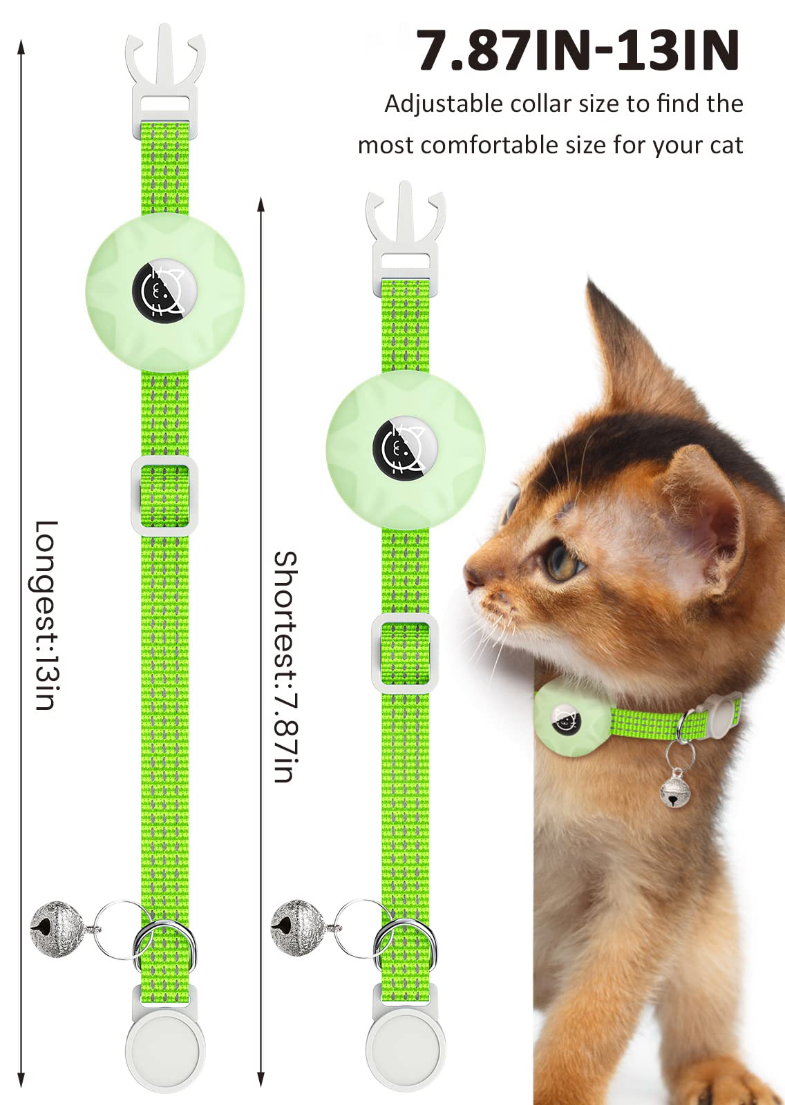 Airtag Cat Collar, Reflective Kitten Collar Breakaway Apple Air Tag Cat Collar, Gps Cat Collar With Airtag Holder And Bell, Lightweight Tracker Cat Collars For Girl Boy Cats Puppies (Luminous Green)