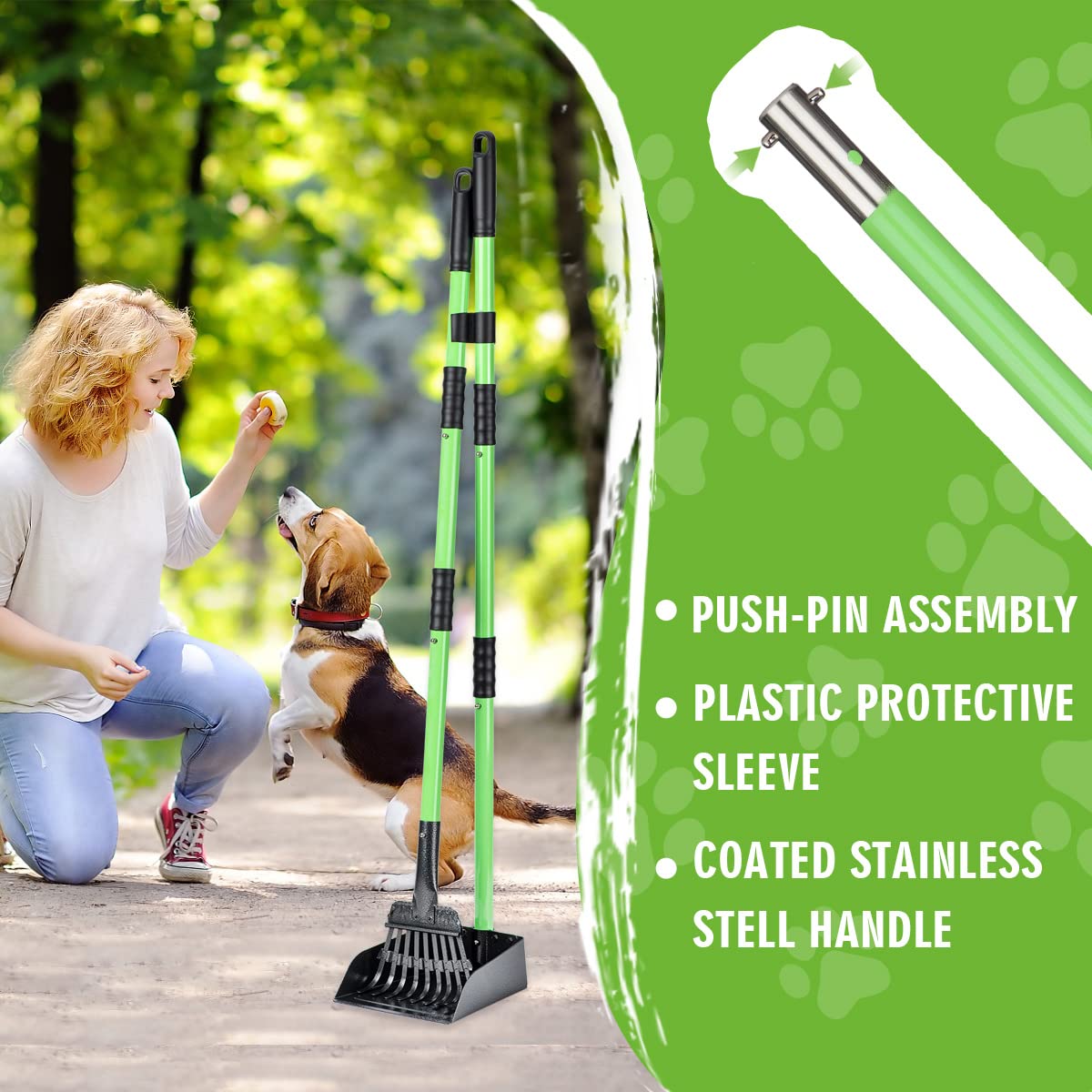 Mxf Pooper Scooper, Dog Pooper Scooper Long Handle Stainless Metal Tray And Rake Set For Medium Small Dogs Heavy Duty - Use On Grass, Dirt Or Gravel - Pet Supplies (Green)