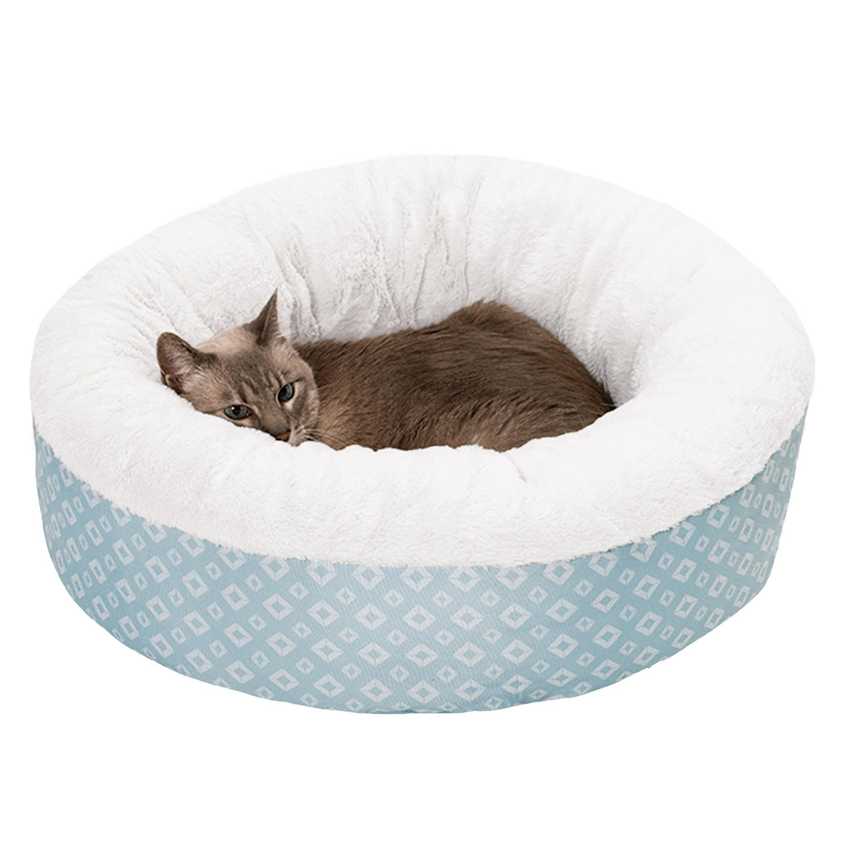 Furhaven 23' Round Donut Dog Bed For Indoor Cats & Small Dogs, Washable, For Dogs Up To 20 Lbs - Plush & Diamond Print Donut Bed - Aqua, Small