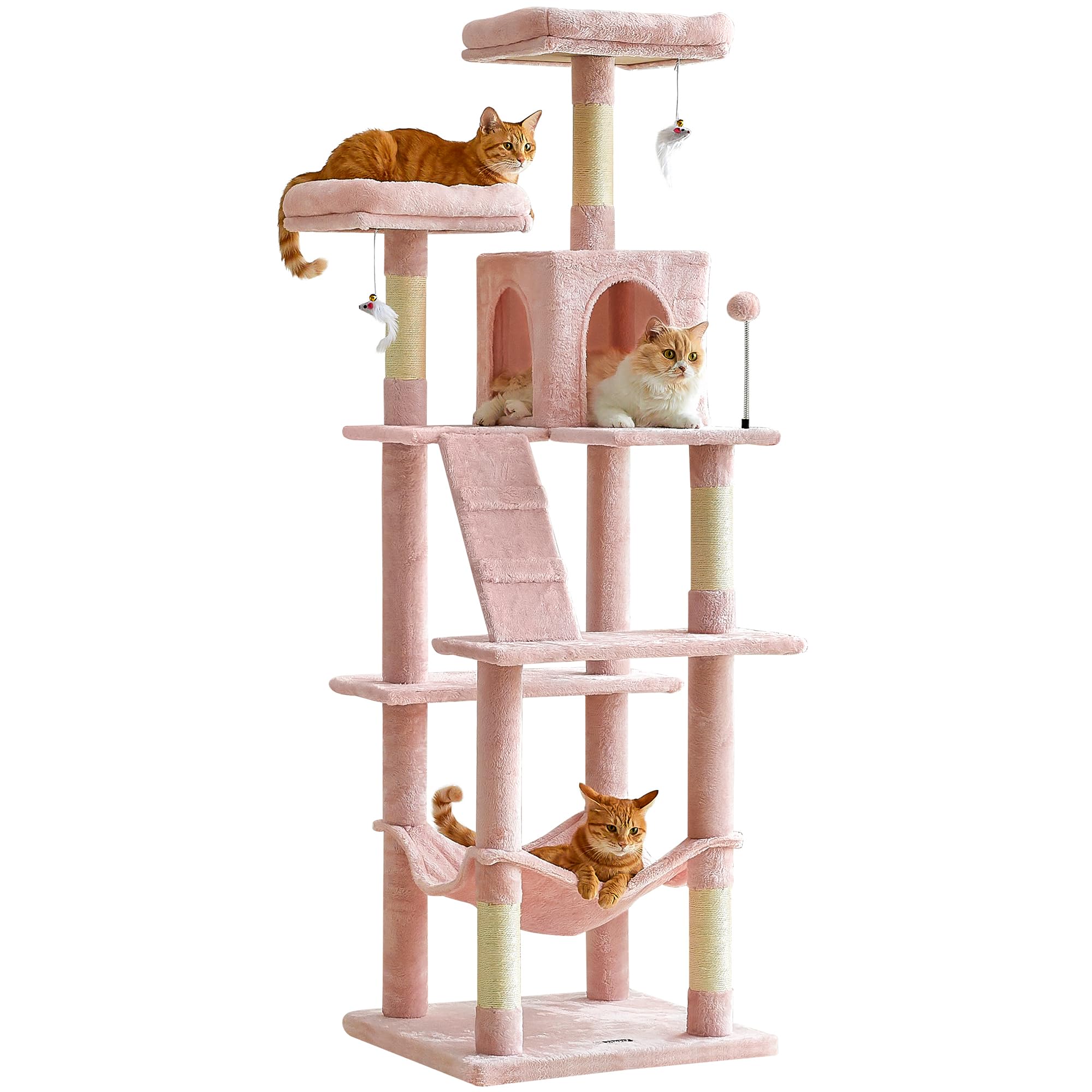 Mwpo 70.1-Inch Pink Large Cat Tree, Multi-Level Tall Cat Tower For Indoor Cats, Plush Cat Condo With Big Padded Perches, Sisal-Covered Scratching Posts, Hammock, Toys For Kittens & Cats