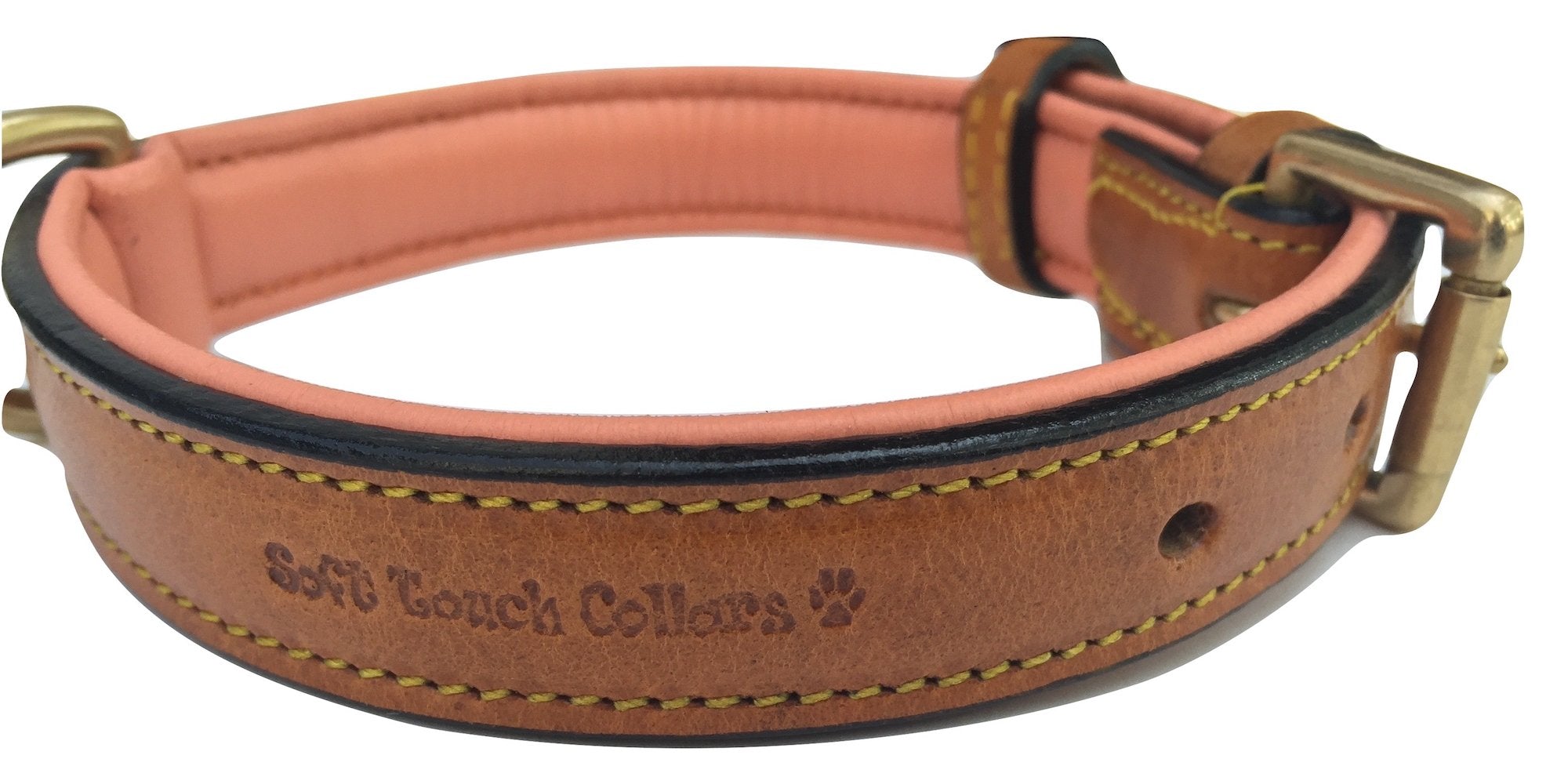 Soft Touch Collars Padded Leather Dog Collar, Size Medium, Tan And Coral, 20'' Long By 1 Inch Wide, Neck Size 14.5'' To 17.5'' I