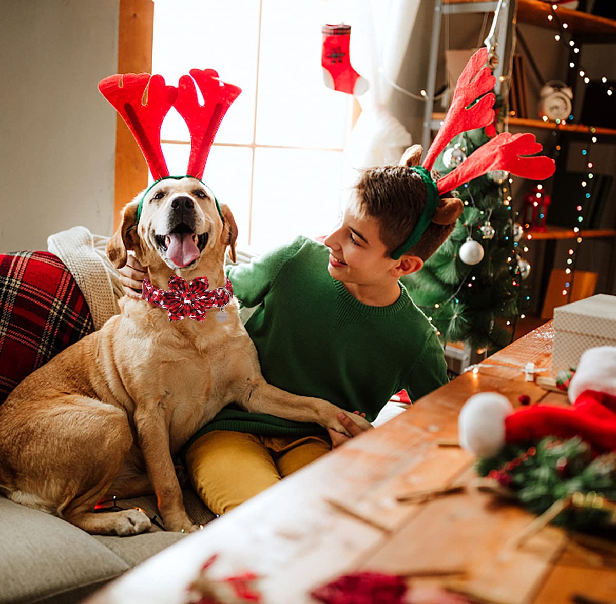Dogwong Christmas Dog Collar With Flower, Red Plaid Deer Dog Collar Soft Durable Adjustable Cotton Puppy Collar For Small Medium