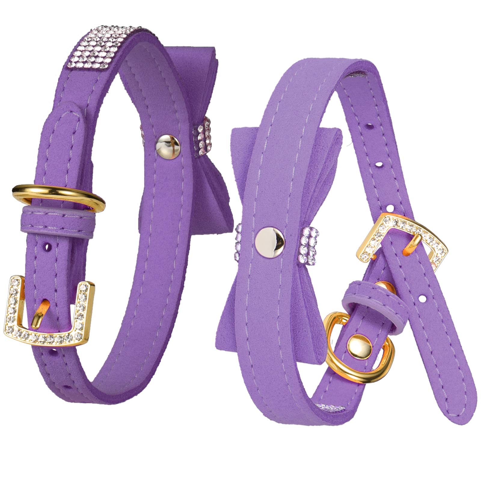 Lovpe Crystal Dog Collar/Cat Collar Velvet Leather With Bow-Knot Tie Rhinestone Puppy/Kitten Collars For Small Dogs & Cats (Xs(Neck For:8-10 Inch), Purple)