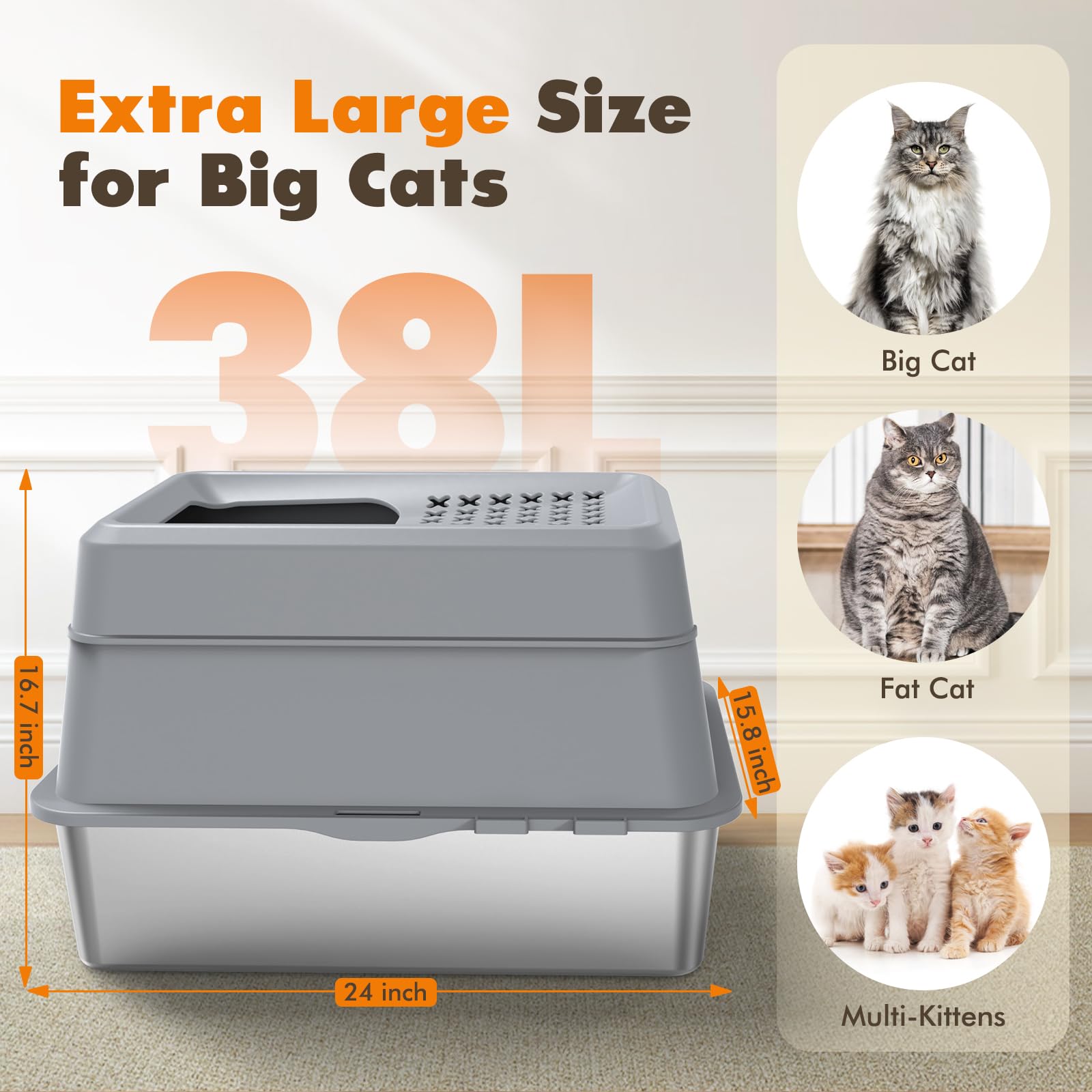Rywell Stainless Steel Litter Box, Covered Xl Extra Large Cat Litter Box Enclosure, Metal Kitty Litter Boxes With Lid, Litter Sc