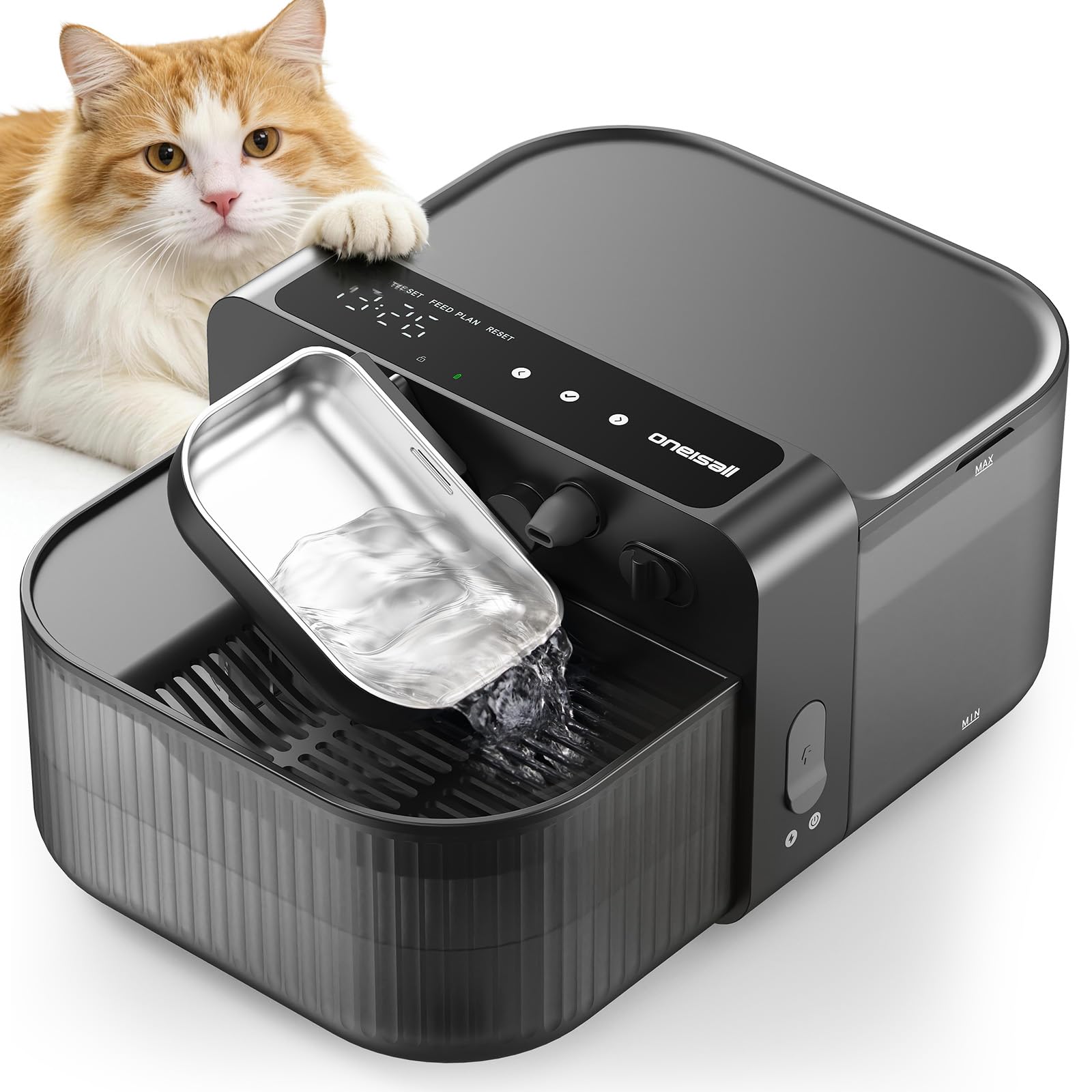 oneisall Wireless Filterless Cat Water Fountain, Separate Clean and Dirty Water Pet Fountain with Stainless Steel Bowl, 3.5L/118