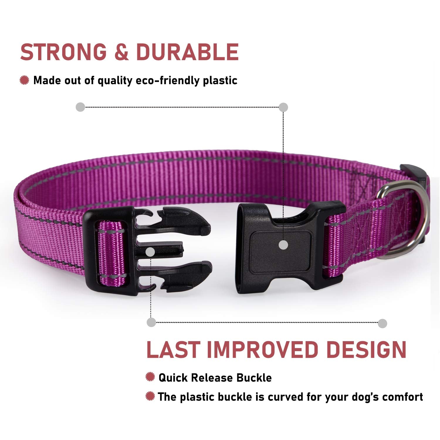 Reflective Dog Collar With Buckle Adjustable Safety Nylon Collars For Small Medium Large Dogs, Purple Xs