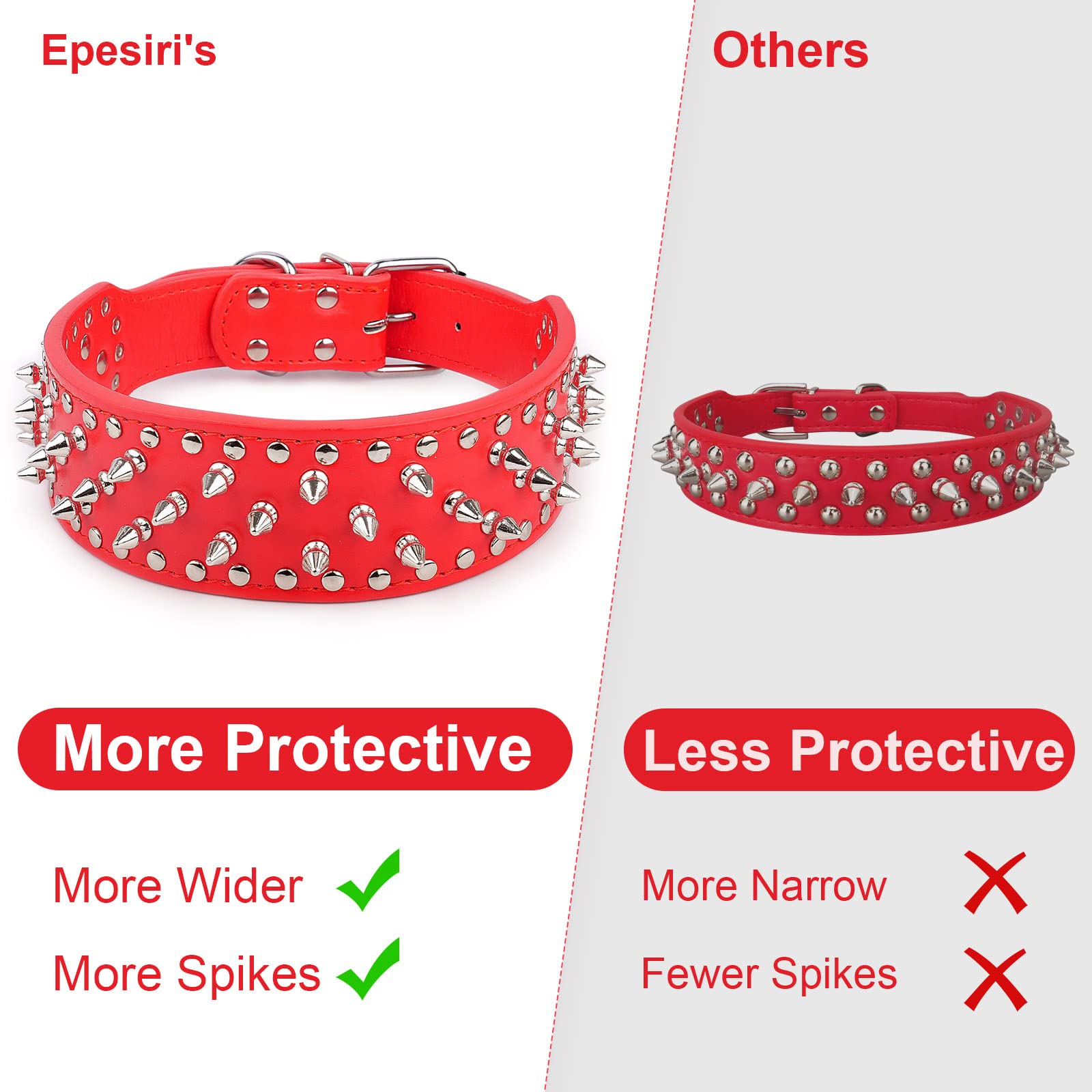 Epesiri Adjustable Wide Spiked Dog Collar, Mushroom Rivet Pu Leather Cat Dog Collars, Durable Spike Studded Pet Collar For Small Medium Large Breed, Pitbull Mastiff Bulldog Pugs Husky Rottweiler, Red