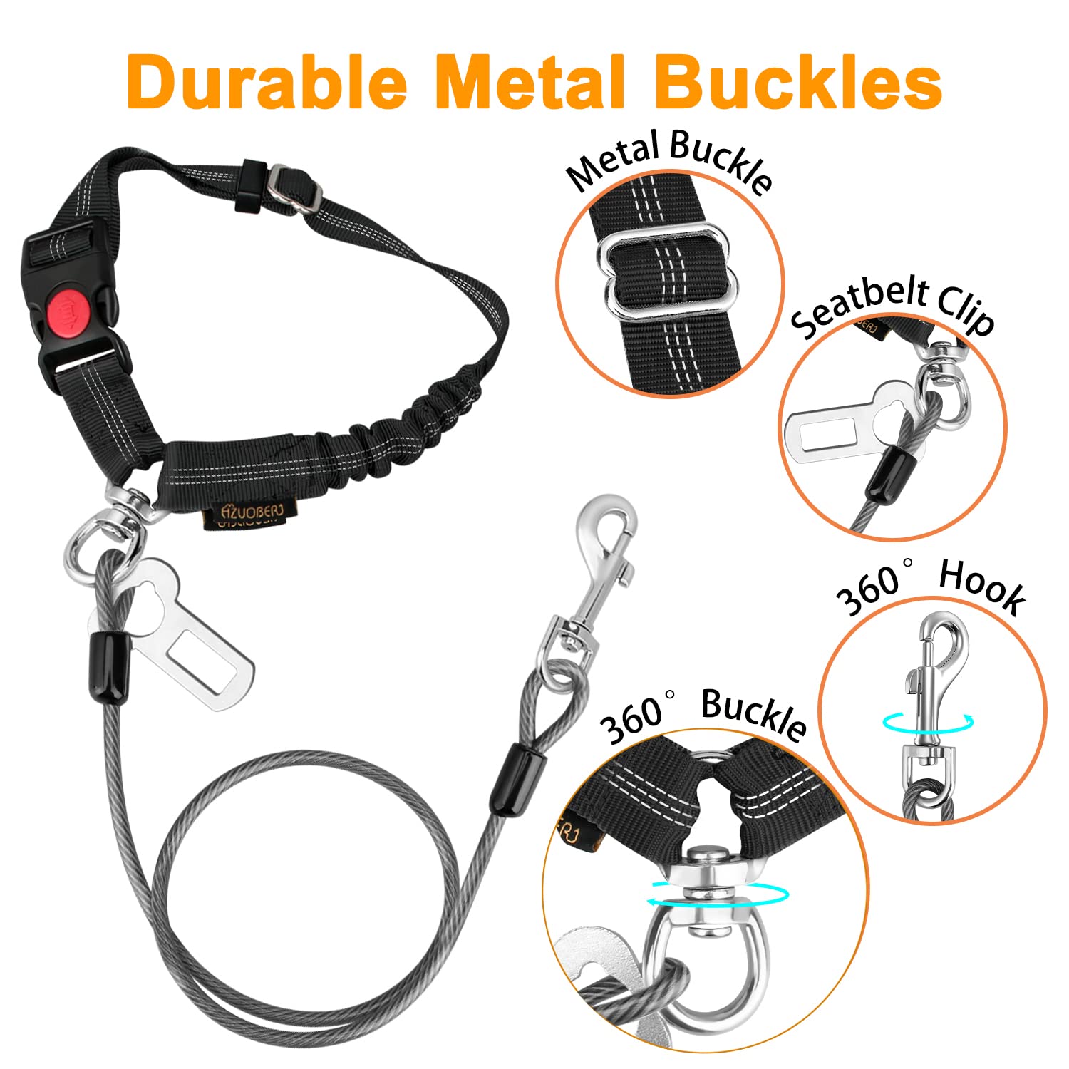 Chzuober Chew Proof Dog Car Seat Belt, 2 In 1 Steel Cable Dog Car Accessories Headrest Restraint Dog Seat Belt For Medium Large Dogs Chewer Heavy Duty Dog Seatbelt For Cars Swivel Attach