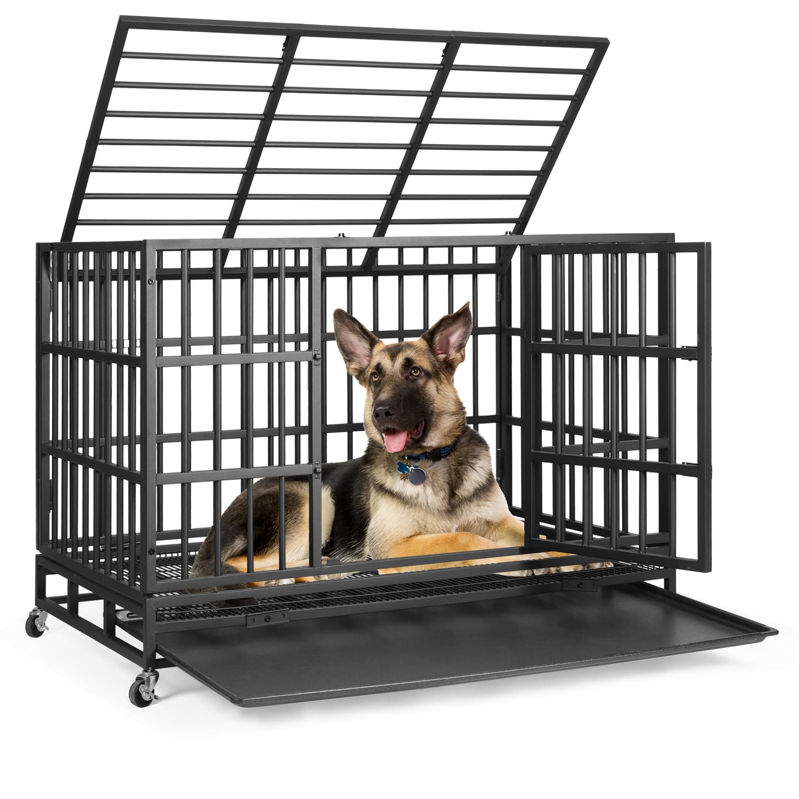 Vowner 48    Heavy Duty Indestructible Dog Crate, High Anxiety Dog Crate, Escape Proof Dog Cage Kennel With 4 Lockable Wheels, D