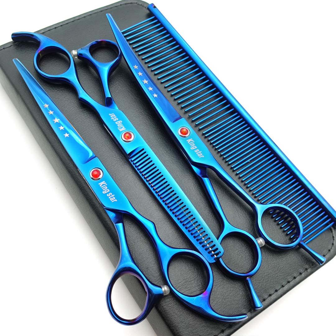 7.0in Titanium Professional Pet Grooming Scissors Set,Straight & Thinning & Curved Scissors 3pcs Set for Dog Grooming,A350 (Blue