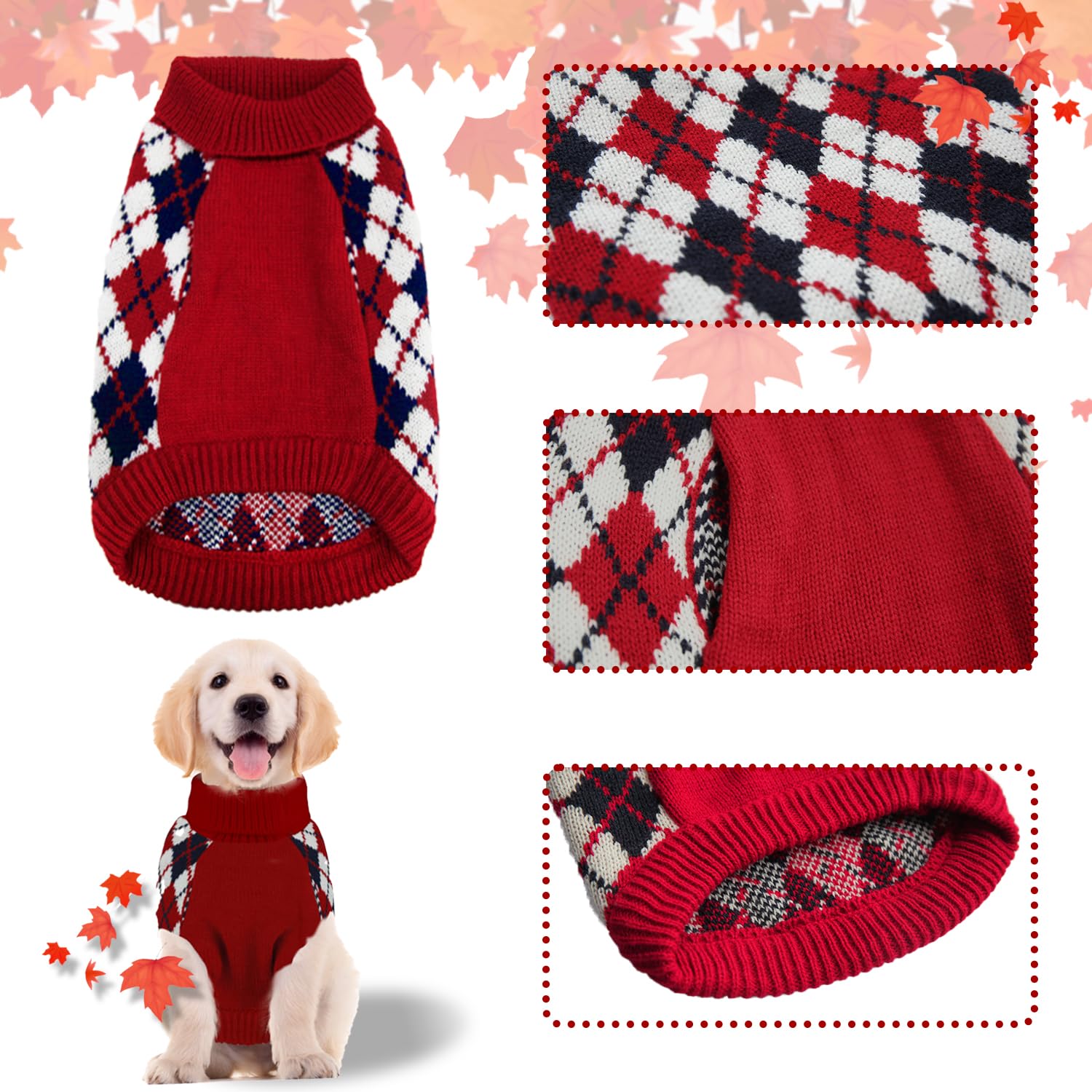 Dog Sweater Knitted Pet Clothes Classic Winter Outfit with Plaid Red Argyle Patterns Warm Dog Turtleneckr Sweatshir for Small Me