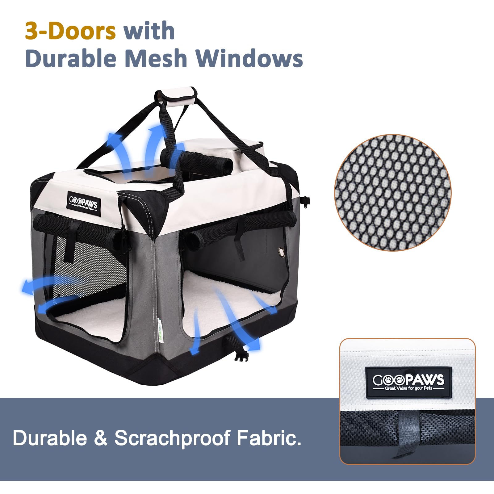 Jespet Soft Dog Crates Kennel For Pets, 3 Door Soft Sided Folding Travel Pet Carrier With Straps And Fleece Mat For Dogs, Cats(7