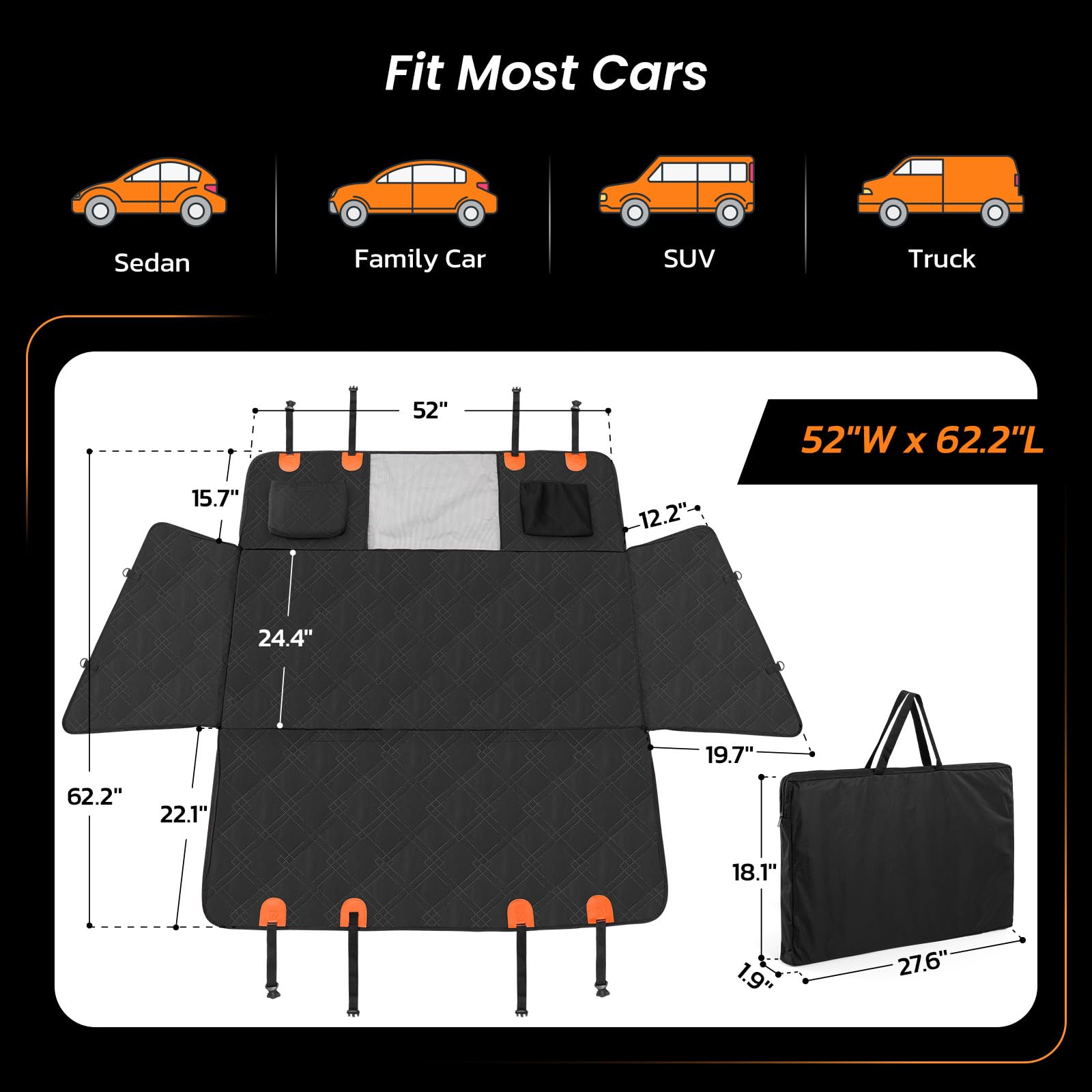 Roilpet Dog Back Seat Extender For Dogs - Hard Bottom Car Seat Cover For Dogs With Adjustable Belt - Pet Car Hammock For Back Se