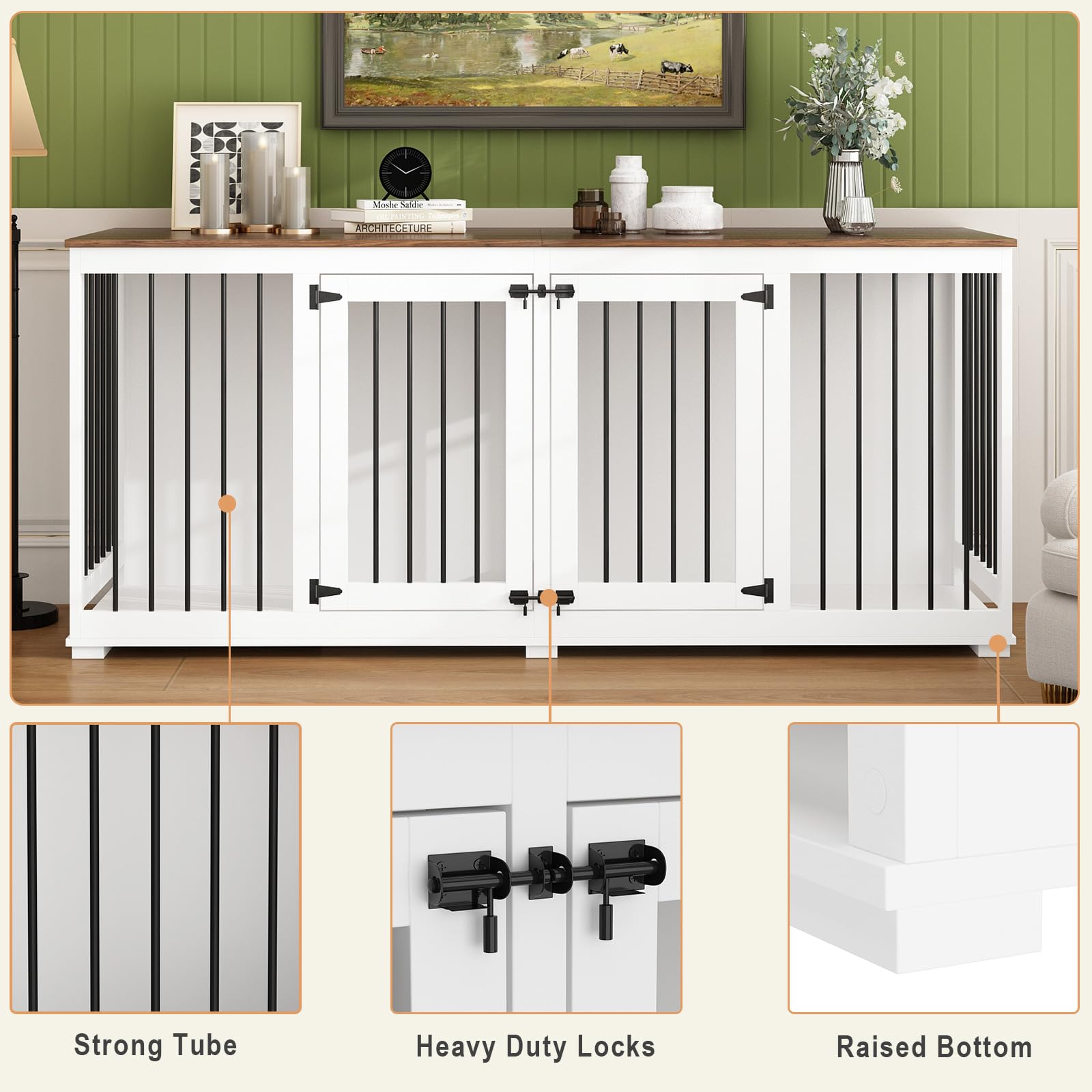 DAWNSPACES Double Dog Crates Furniture for Large Dogs, 71  Heavy Duty Wooden Large Dog Kennel with Removable Divider for 2 Dogs,