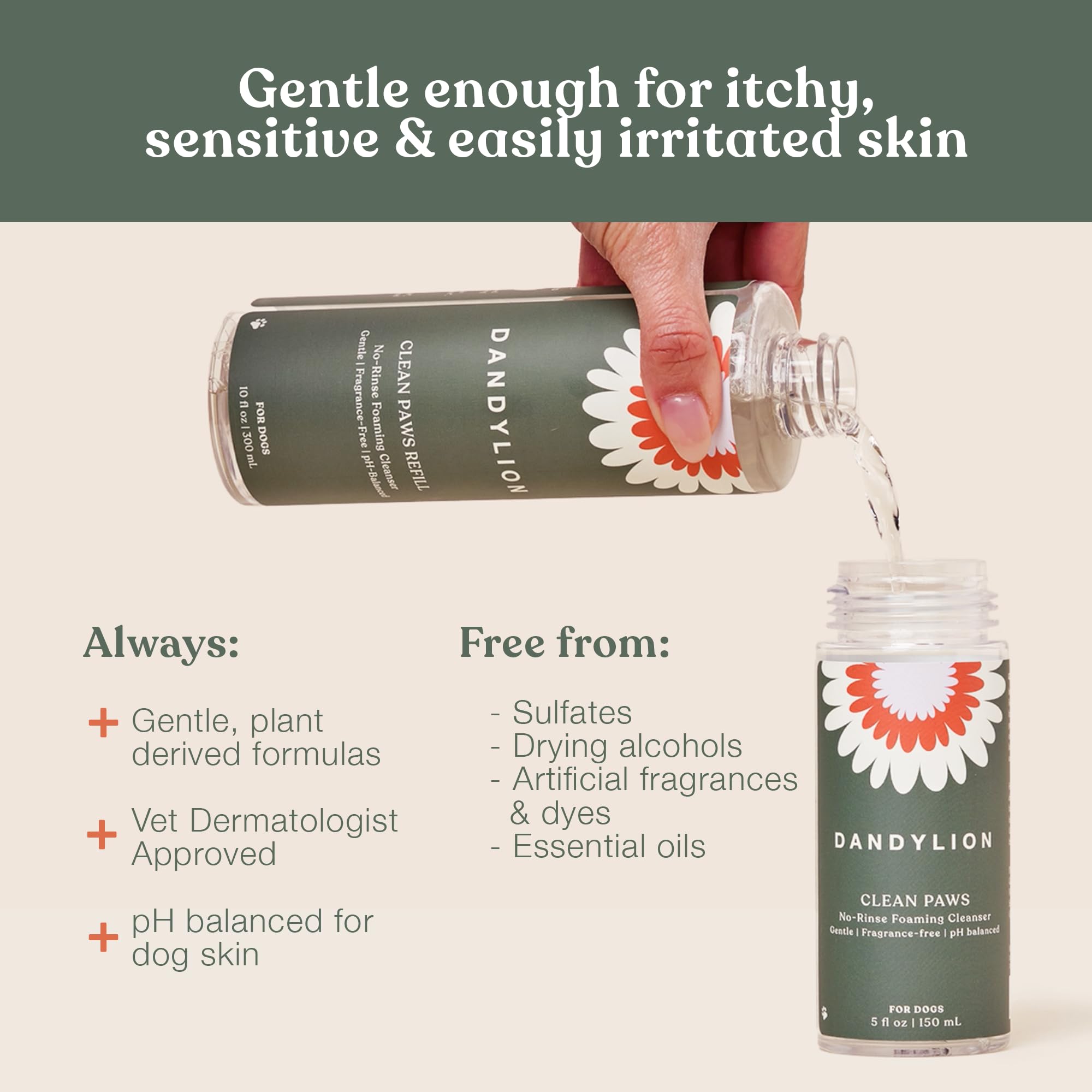 Dandylion Clean Paws No-Rinse Foaming Cleanser Refill - Gentle, Fragrance-Free, Ph-Balanced For Dogs, 10 Fl Oz