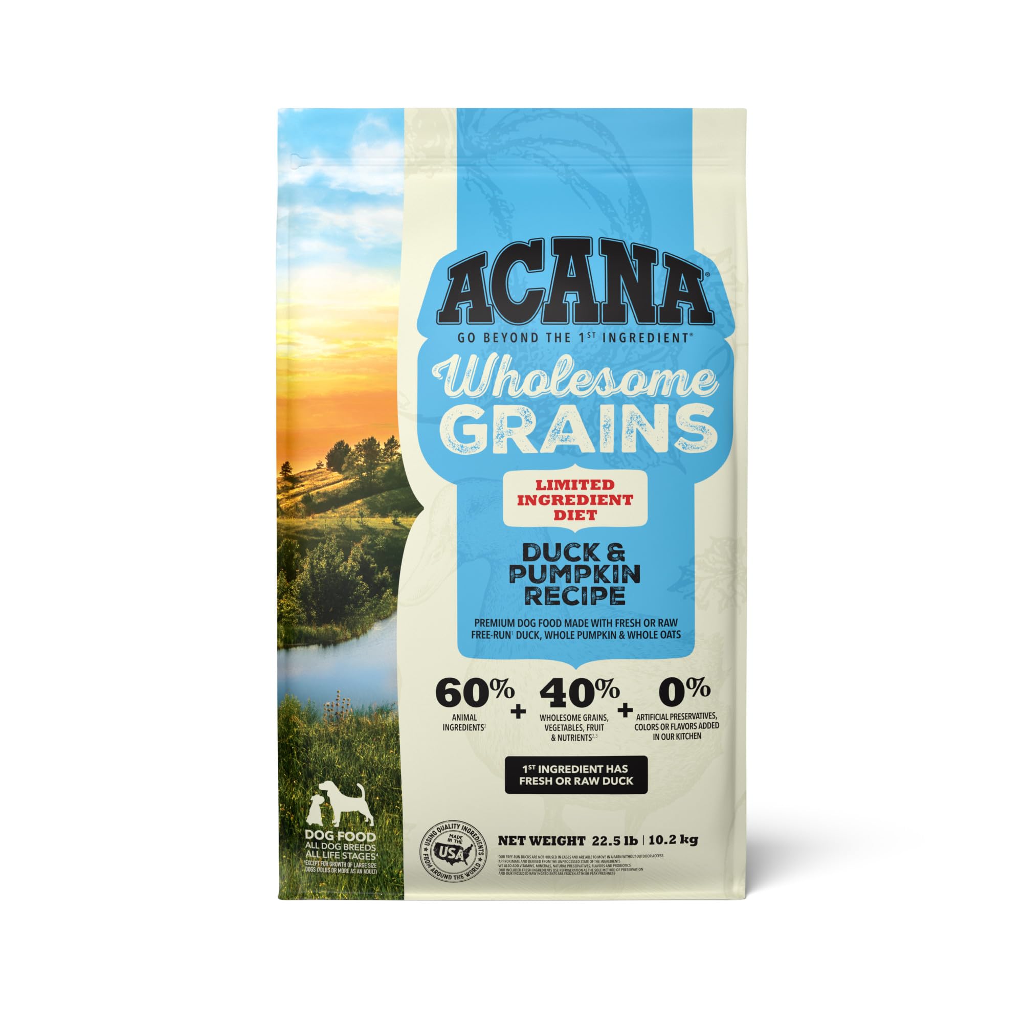 ACANA Wholesome Grains Limited Ingredient Diet Dry Dog Food, Duck & Pumpkin Recipe, Single Protein Duck Dog Food, 22.5lb