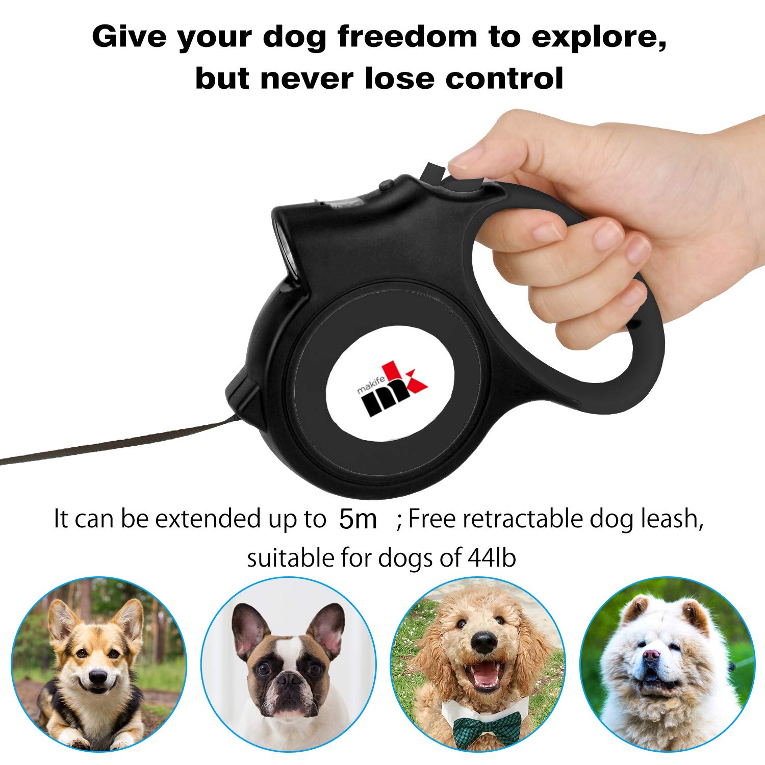 Retractable Dog Leash With Led Light Makife 5M Extendable Dog Lead For Small Medium Puppis Up To 25Kgs, One-Hand Brake & Lock Sy