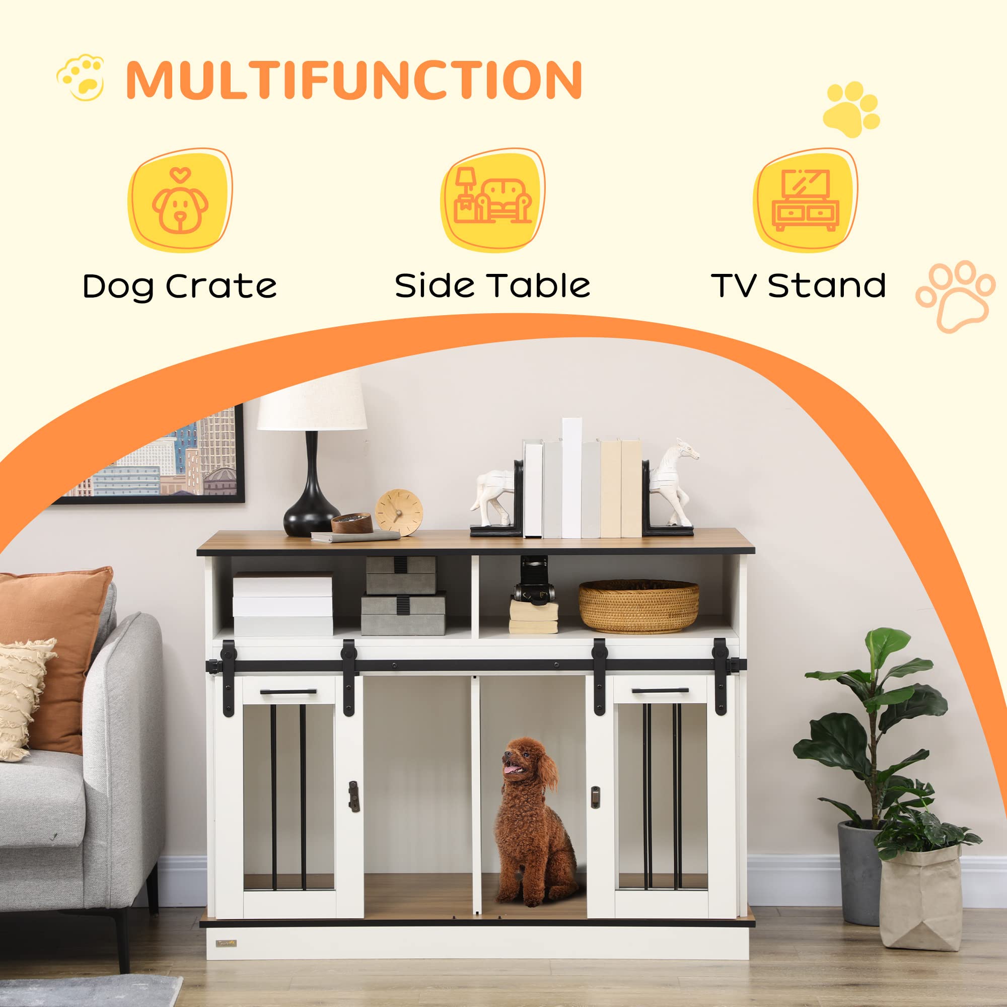 PawHut Dog Crate Furniture for Large Dogs or Double Dog Kennel for Small Dogs with Shelves, Sliding Doors, 47 x 23.5 x 35, White