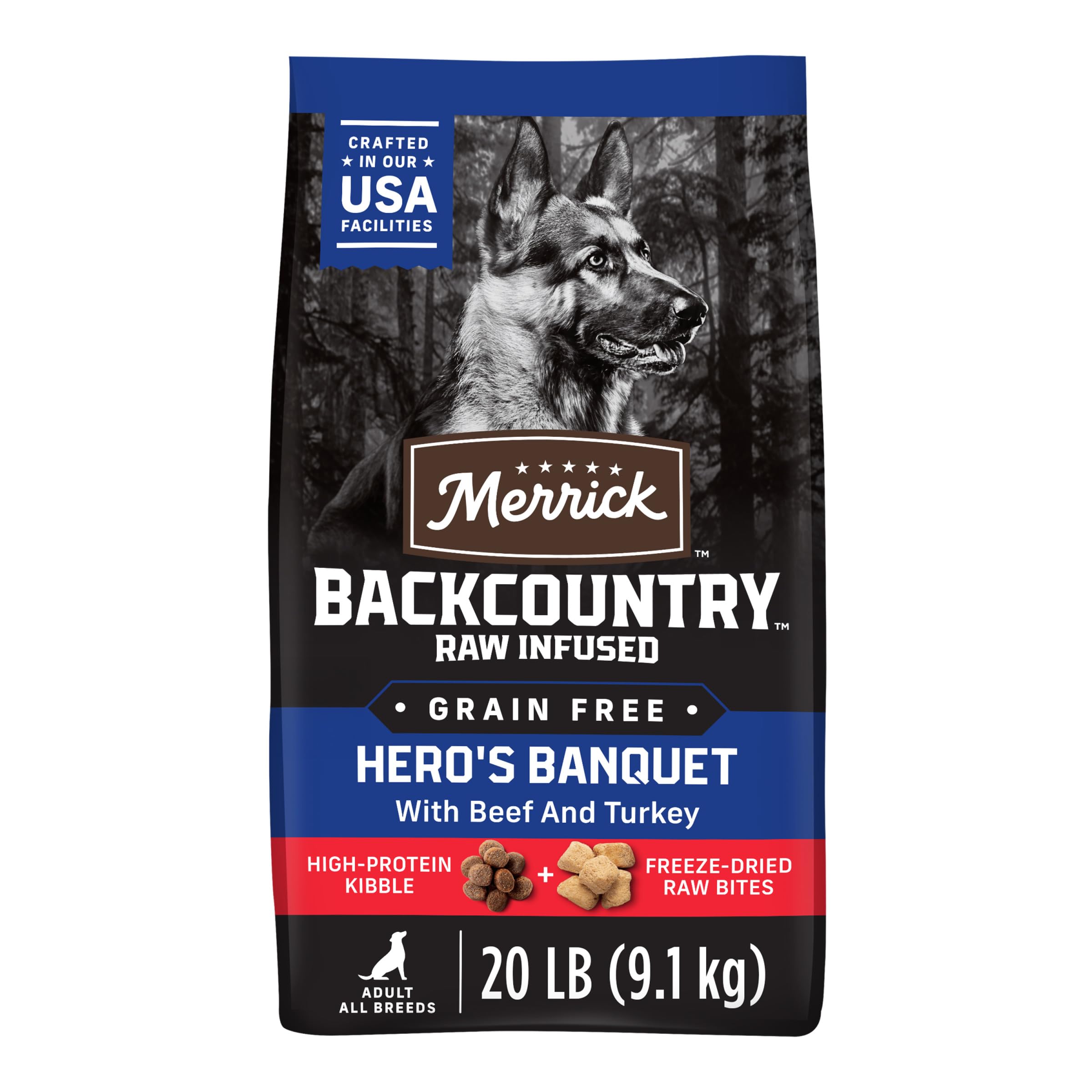 Merrick Backcountry Grain Free Dry Adult Dog Food, Kibble With Freeze Dried Raw Pieces, Heros Banquet Recipe - 20.0 lb. Bag