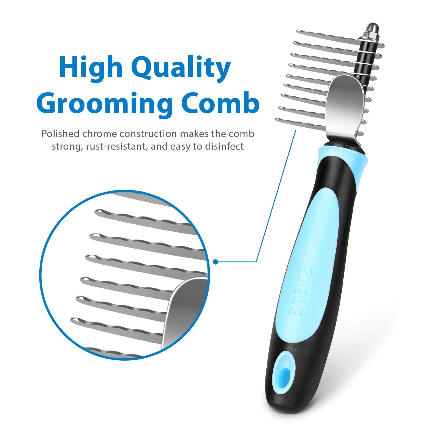 Flexzion Dogs Dematting Comb, Stainless Steel Blades Rakes, For Pets Cats Animals Matted Knotted Hair, Brush Cutting Removing Grooming Tool With Smooth Teeth Needle - Black & Blue Handle