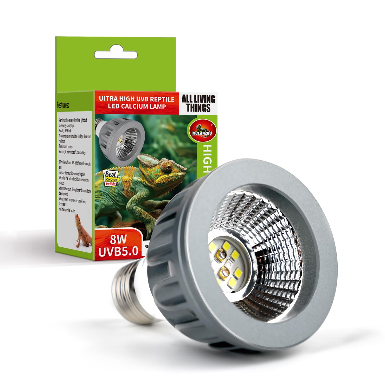Mclanzoo Uvb Bulbs For Reptiles Led Light 8W 5.0 Full Spectrum Uv Light Heat Lamp For Bearded Dragon,Turtle,Tortoise,Lizard,Geck
