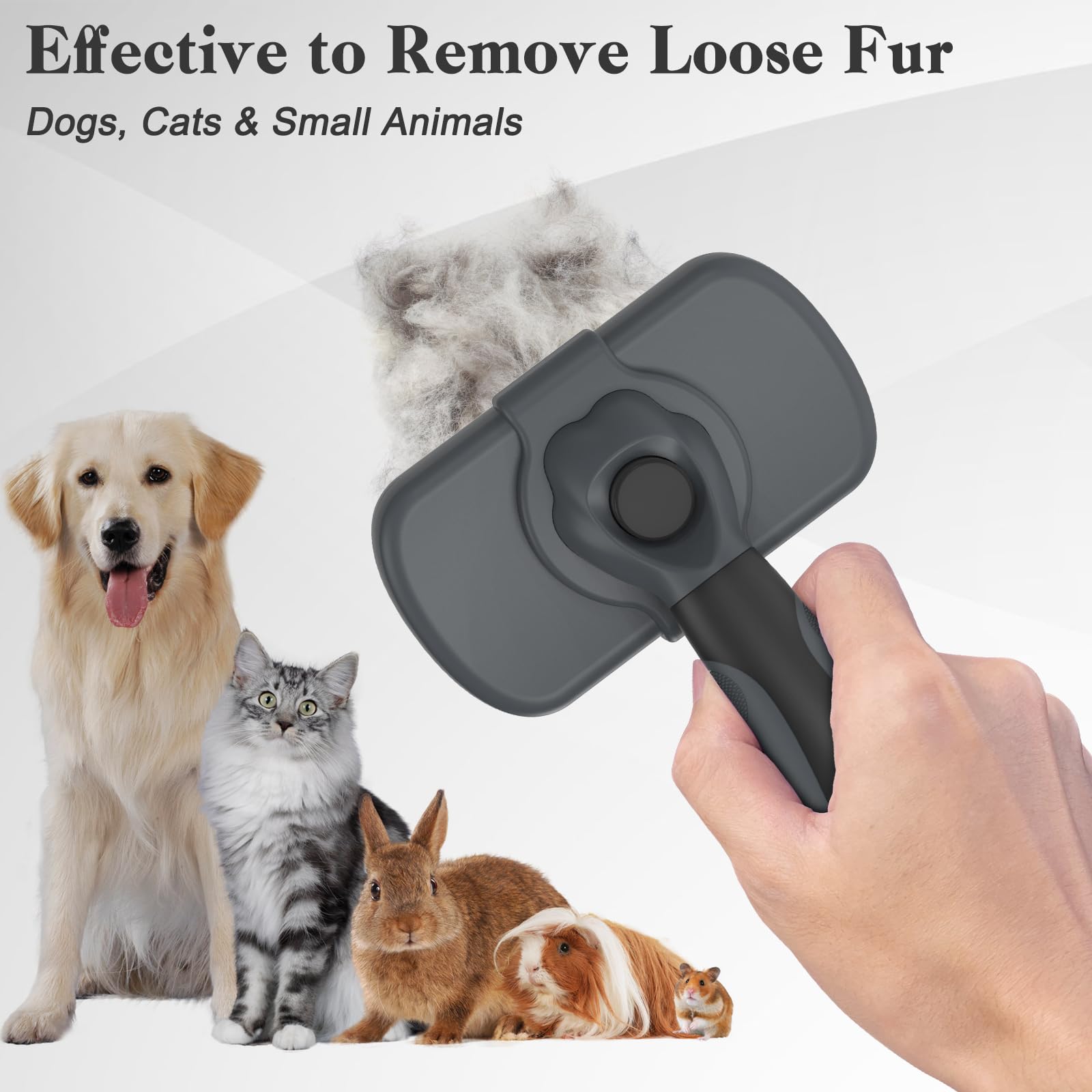Dipoo Self-Cleaning Deshedding Brush For Dogs & Cats - Skin-Friendly Grooming Tool With Hair Brush For Long And Short Haired Pets, Grey