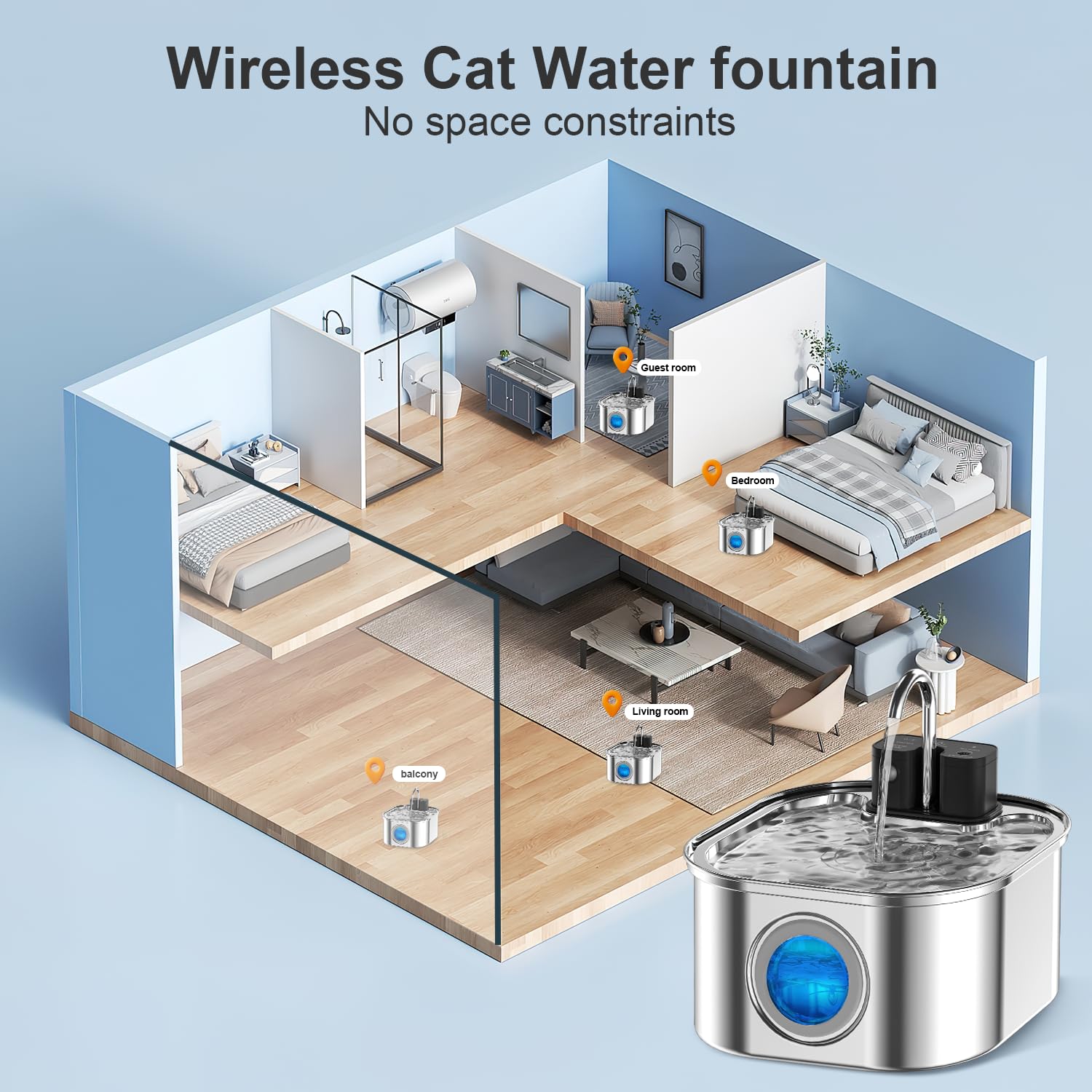 Nautypaws Wireless Cat Water Fountain,[Rechargeable & Faucet ] Stainless Steel Battery Operated Cat Water Fountain, 108Oz/ 3.2L