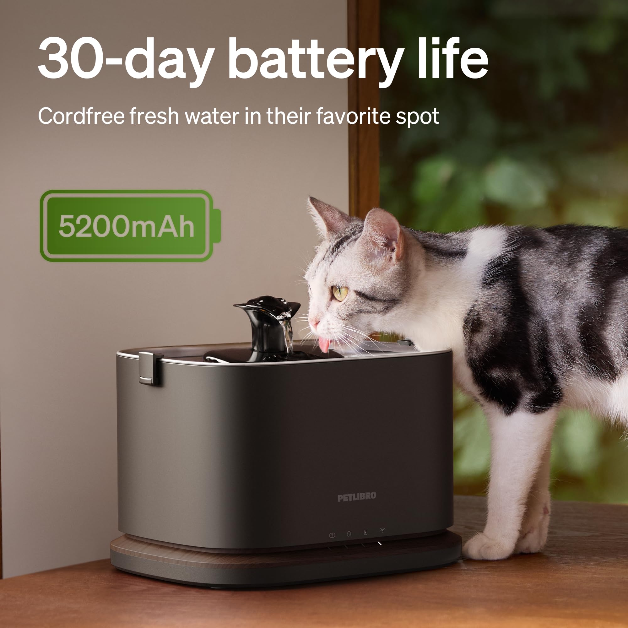 PETLIBRO Upgrade Cat Water Fountain, Cordless Cat Fountain Battery Operated, App Monitoring 3L/101oz Dockstream 2 Pet Water Foun