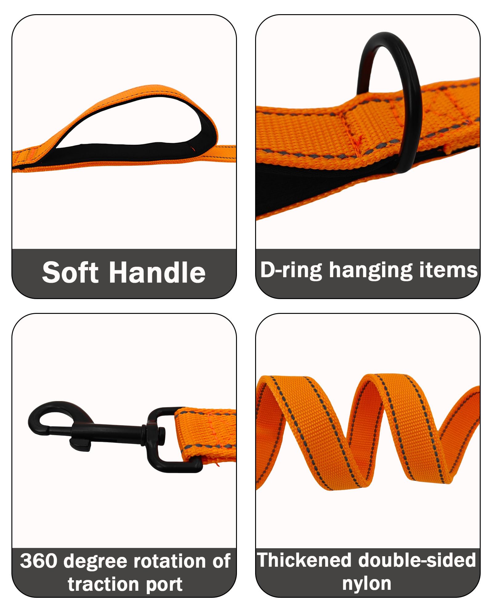 Solmoony 6Ft Orange Strong Dog Leash With 2 Padded Handles, Traffic Handle Extra Control, Double-Sided Reflective Walking Lead F