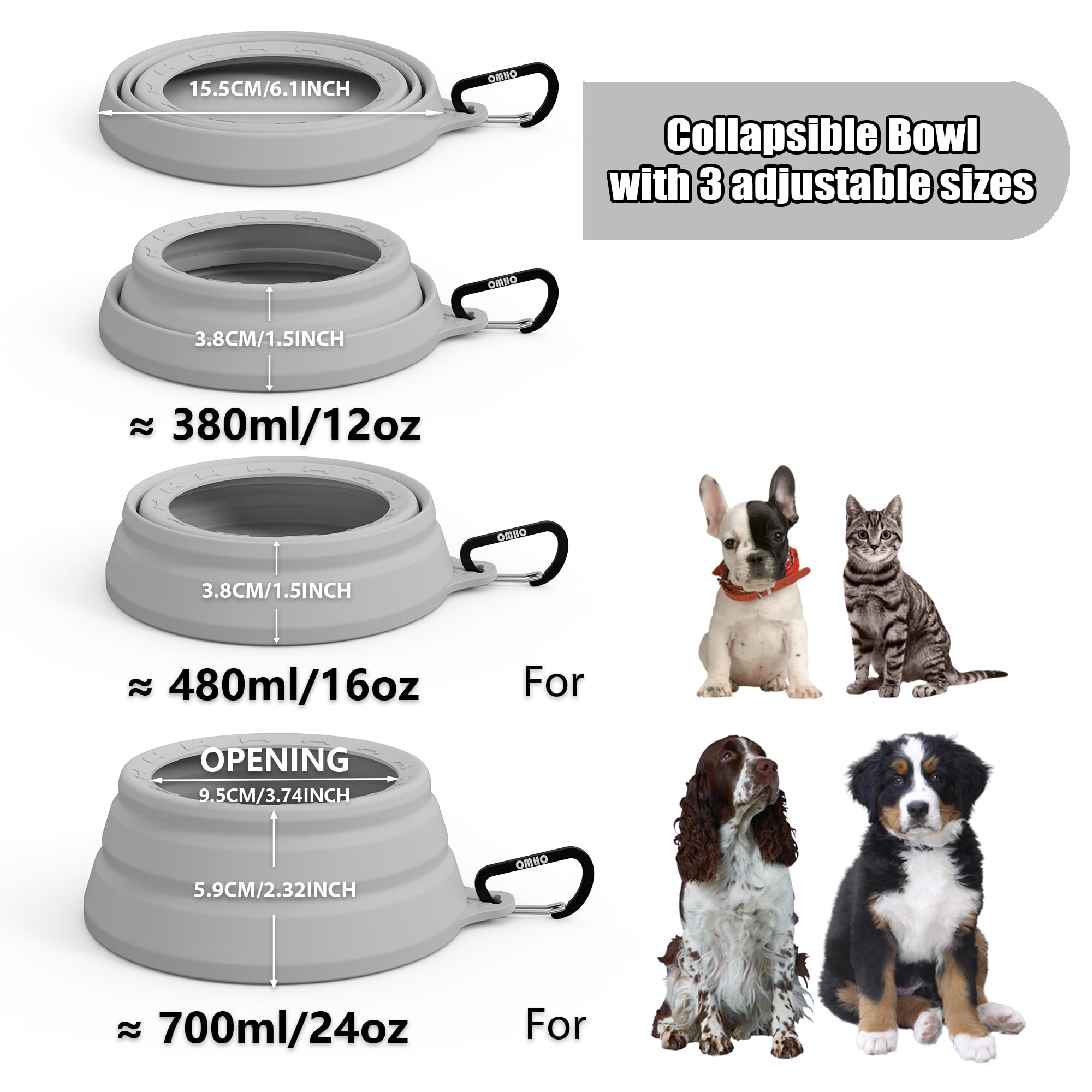 Ohmo-Collapsible Dog Water Bowl No Spill From Car Movement(24Oz Medium, Ash), Travel Dog Bowls, Less Splash Portable Pet Bowl Fo