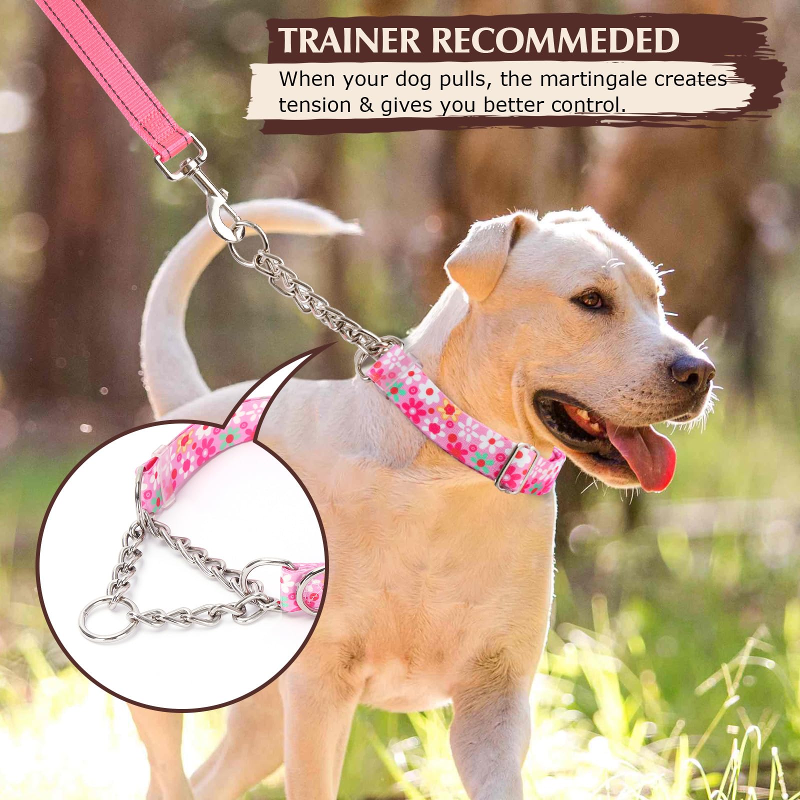 Martingale Collar For Dogs With Nylon & Steel Chain Limited Cinch Design, No Choke Dog Collar With Pink Flower Design, Adjustabl