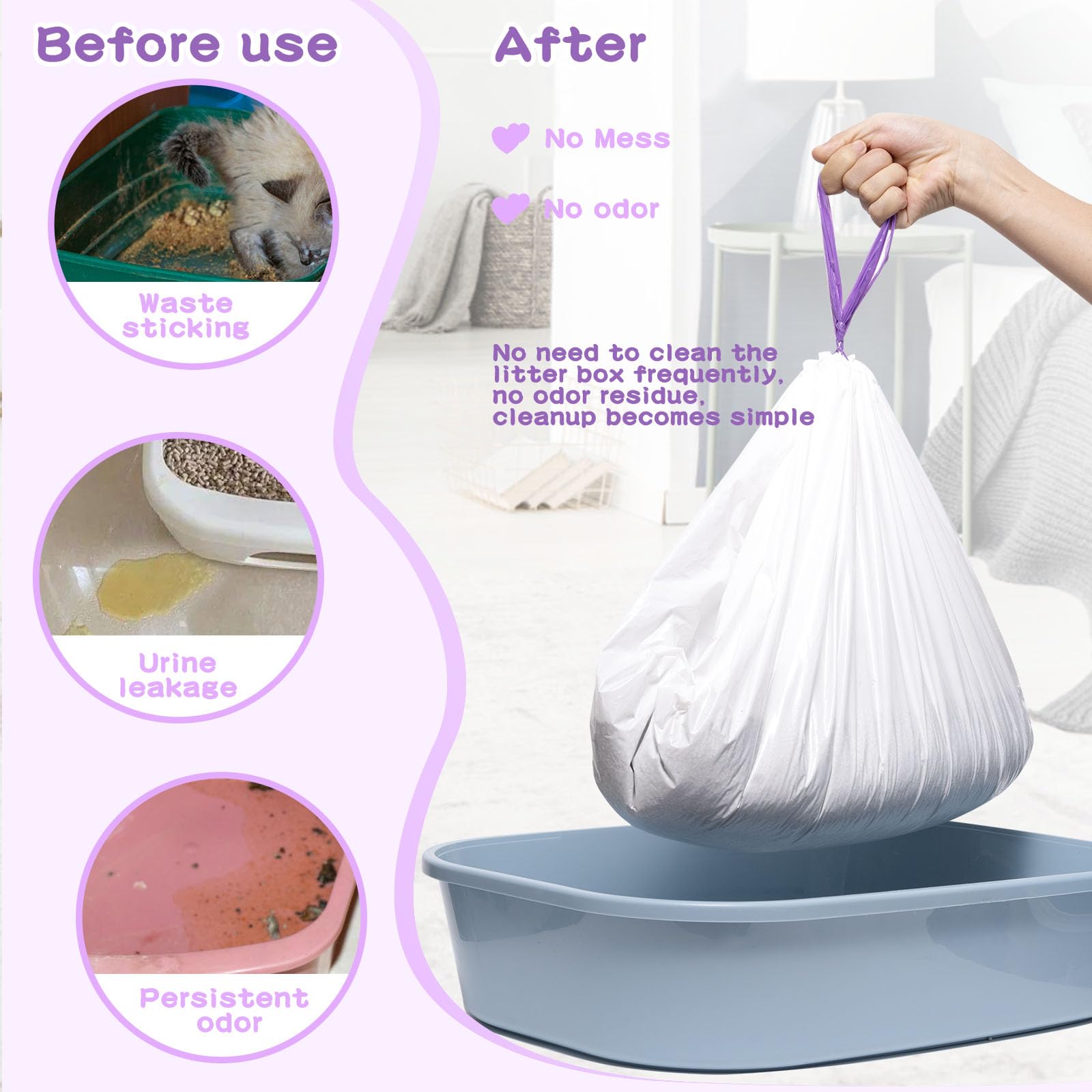 Elzrghs Cat Litter Liners Large, 30 Pack Jumbo Drawstring Cat Litter Bags, Extra Thick Litter Pan Liners Heavy Duty 36''''X16'''
