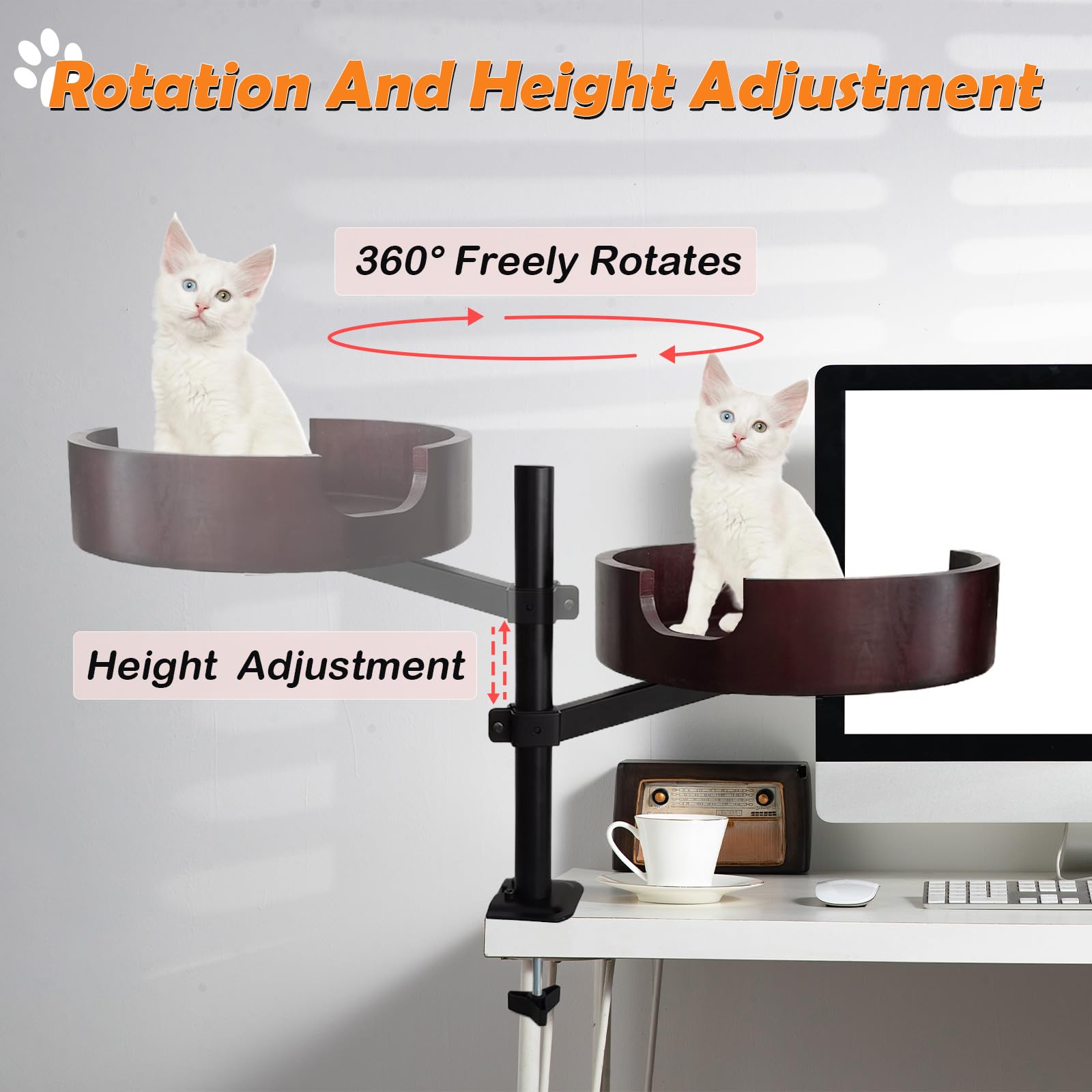 Xzking Cat Desk Bed- Adjustable Wooden Cat Bed For Home Office And Study Rooms, Desktop Kitten Furniture Attachment With Pet Mat