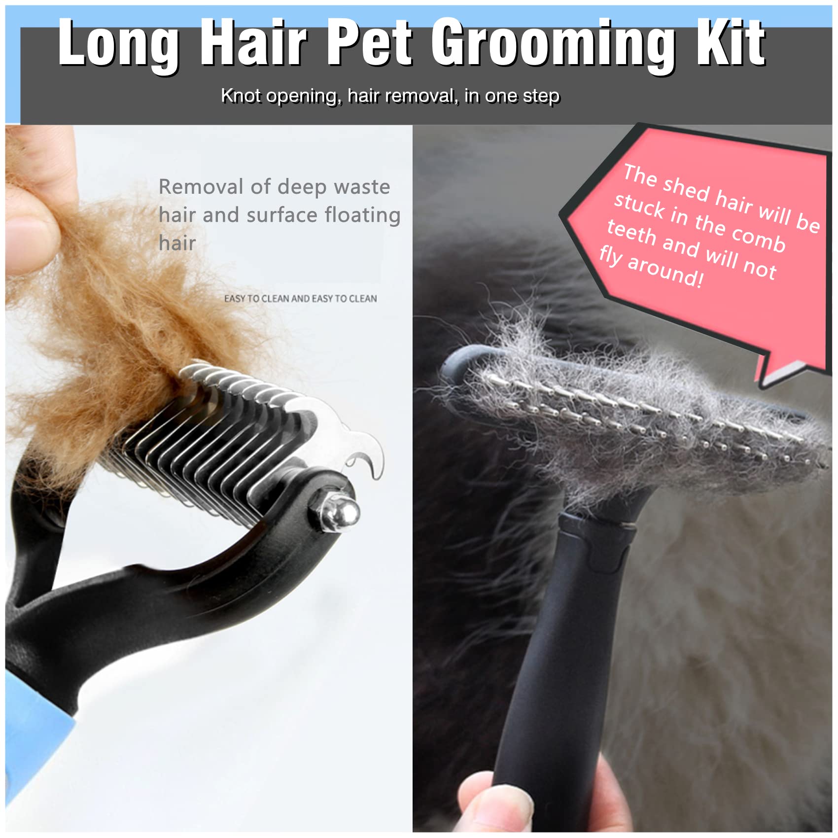 Long-Haired Dematting Tool Set: Undercoat Rake, Deshedding Comb With Stainless Steel Pins For Dogs And Cats