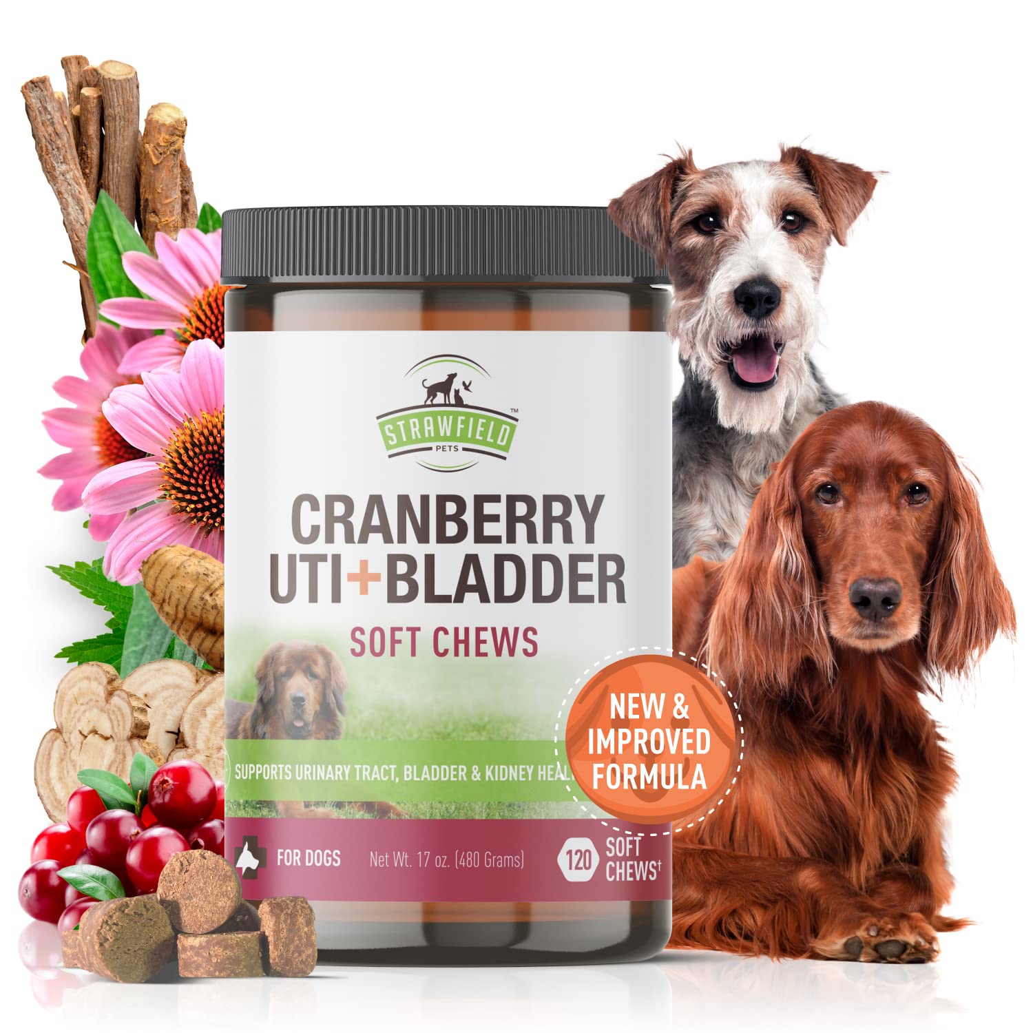 Strawfield Pets Cranberry UTI + Bladder Chews Cranberry Supplement for Dogs Urinary Tract - Allergy Safe Peanut Butter Flavor 1