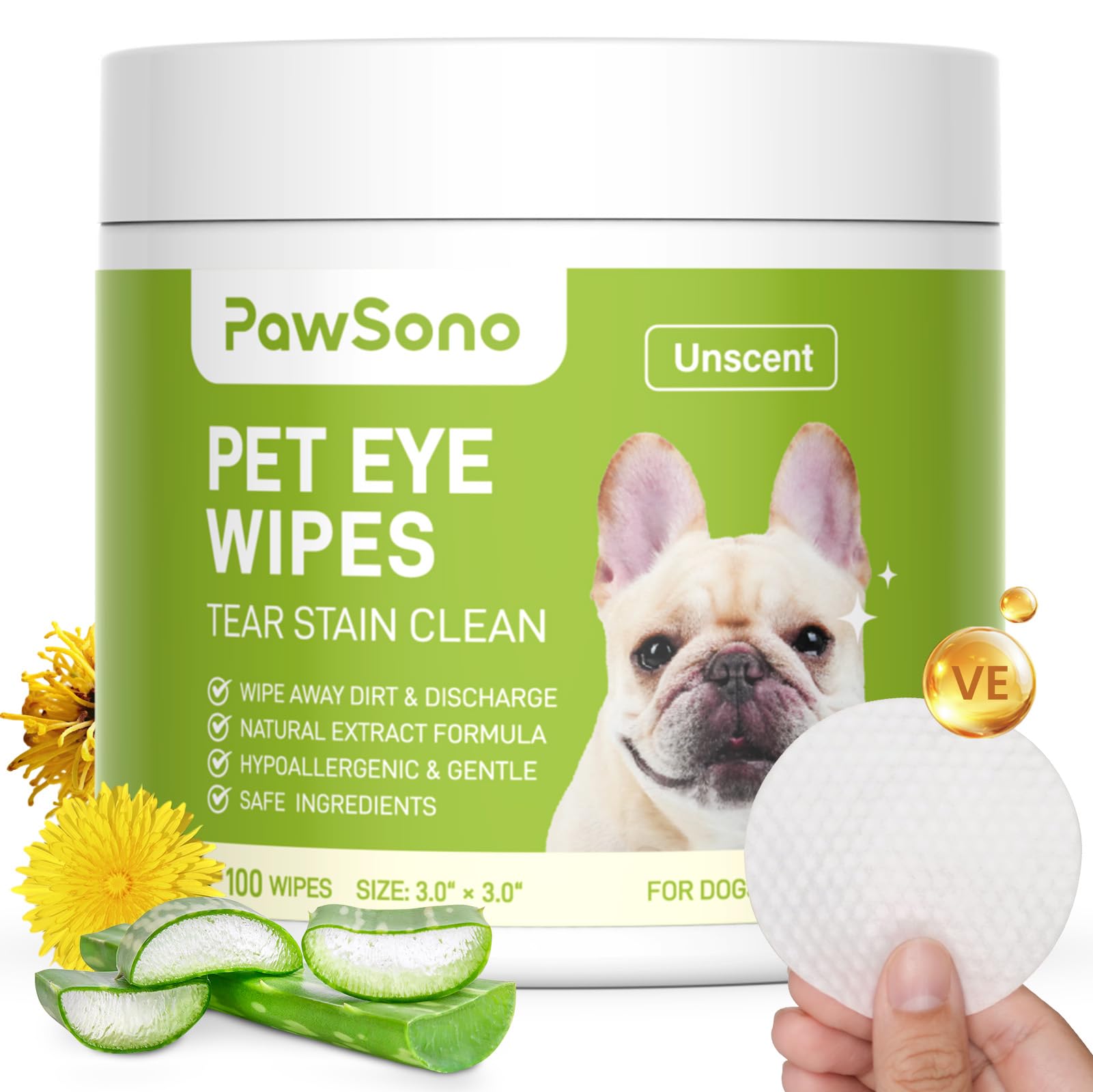 PawSono Eye Wipes for Dogs & Cats, Hypoallergenic Dog Eye Wipes Cleaner, Natural Cleaning Grooming Pet Wipes Gently Remove Tear 