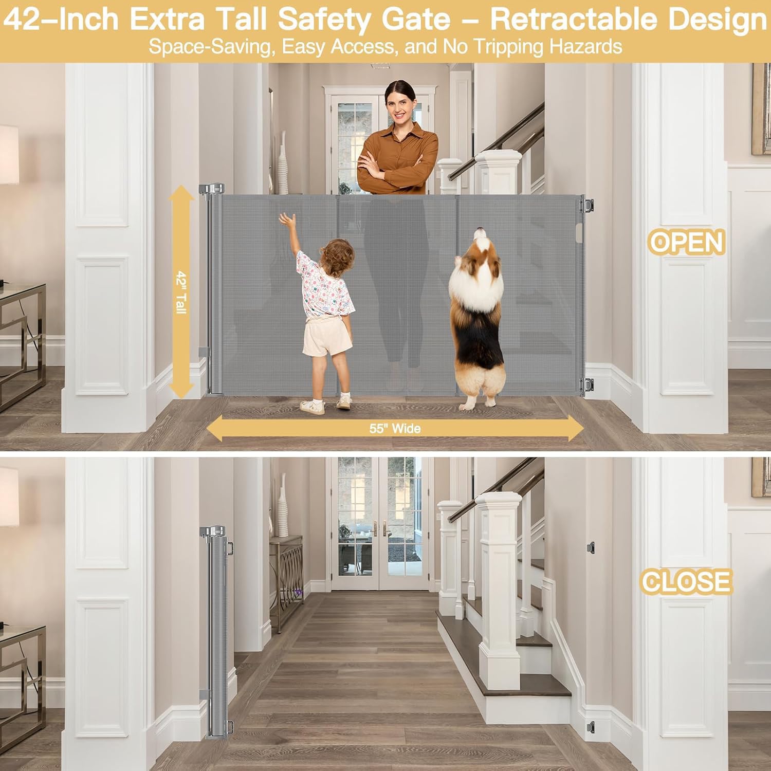 Reinforced 42 Extra Tall Baby Gate 55 Wide Retractable Dog Gate with Support Rods - Bottom Anti-Escape, Extra Tall Pet Gate Indo