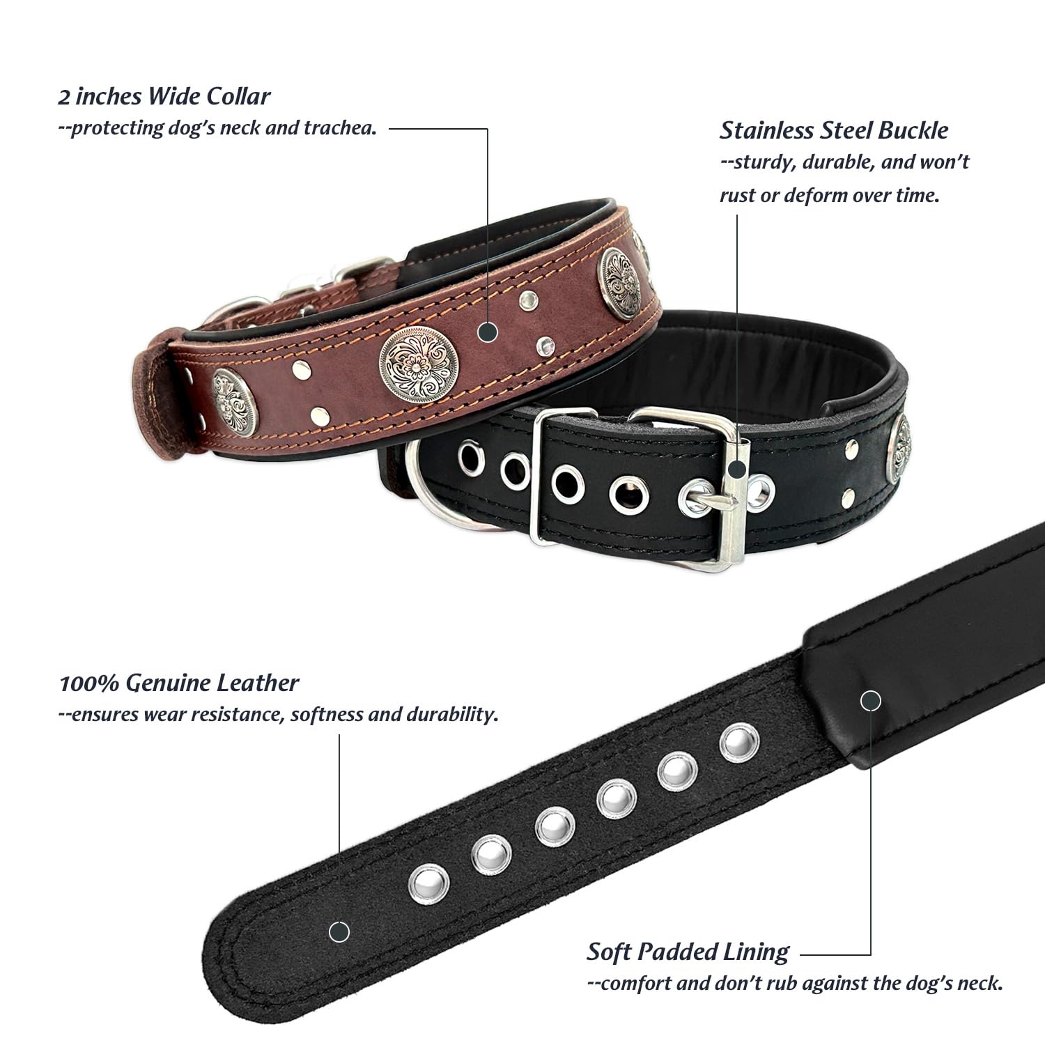 Guiding Star Leather Dog Collar, Heavy Duty 2 Inches Wide, Thick, Luxury Studded, Black, 19.5-23.5 Inches, Medium And Large Dogs