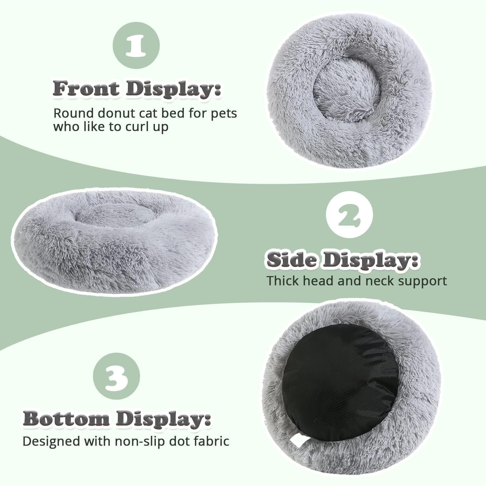 JOLLYVOGUE Dog Bed - Calming Fluffy Donut Cushion for Medium/Large Pets, 30", Light Grey, Faux Fur