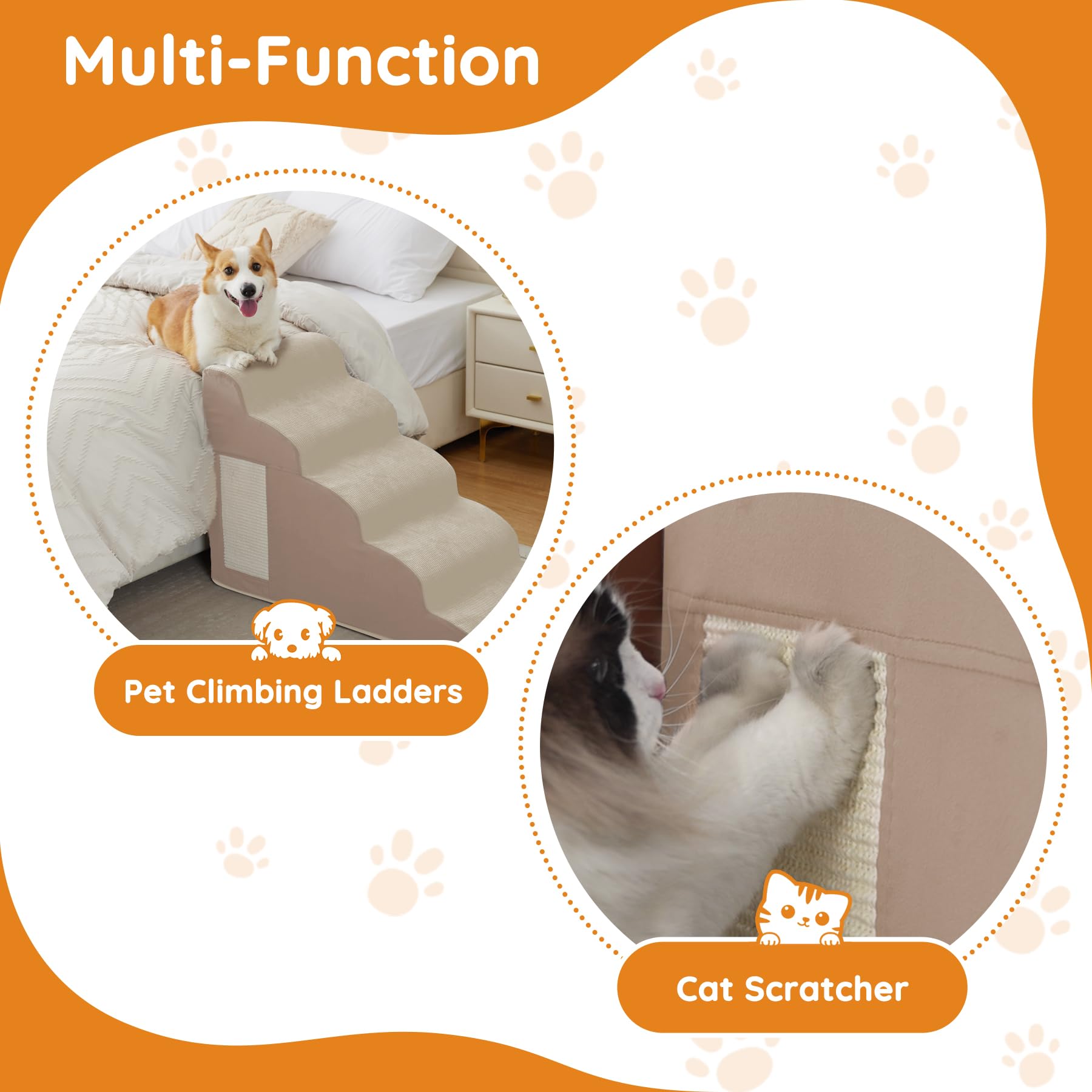 Pet Stairs For Small Dogs - 3-Step Curved Dog Ramp For Bed, Couch, Sofa, Car And Chairs - Non-Slip Bottom Design - Cat Scratchin
