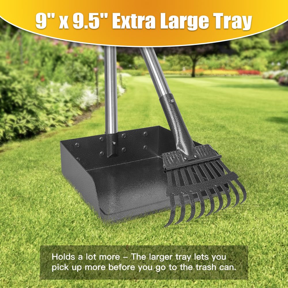 Tooge Larger Pooper Scooper, Dog Pooper Scooper For Large Medium Small Dogs Heavy Duty Long Handle Metal Tray Rake Shovel Set Fo