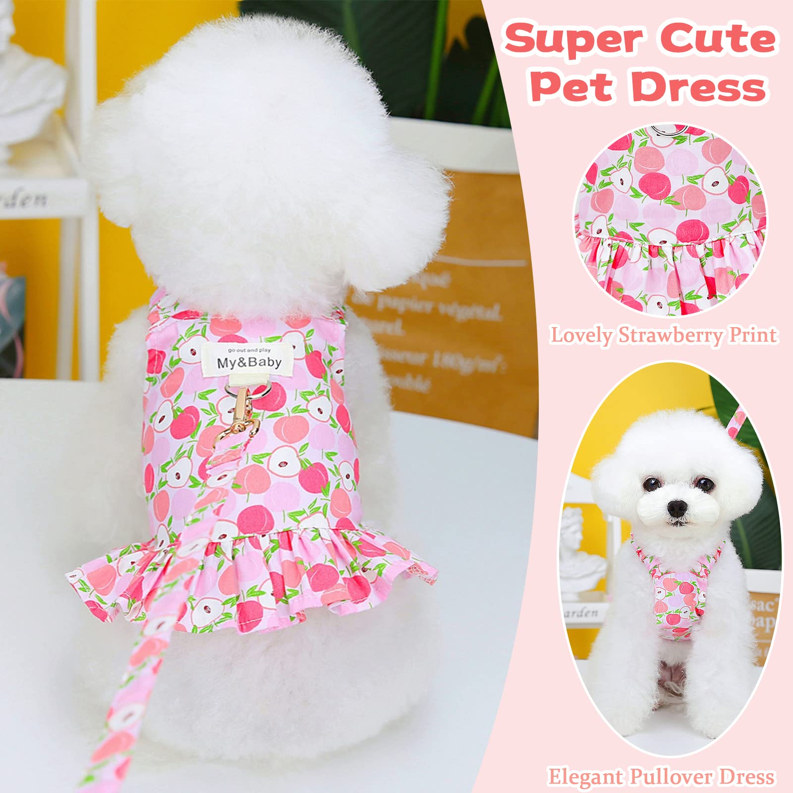 Petpubgnzs Small Dog Dress Harness And Leash Set - Cute Princess Dog Dresses, Soft Fruit Print, Pink Apple, Xl