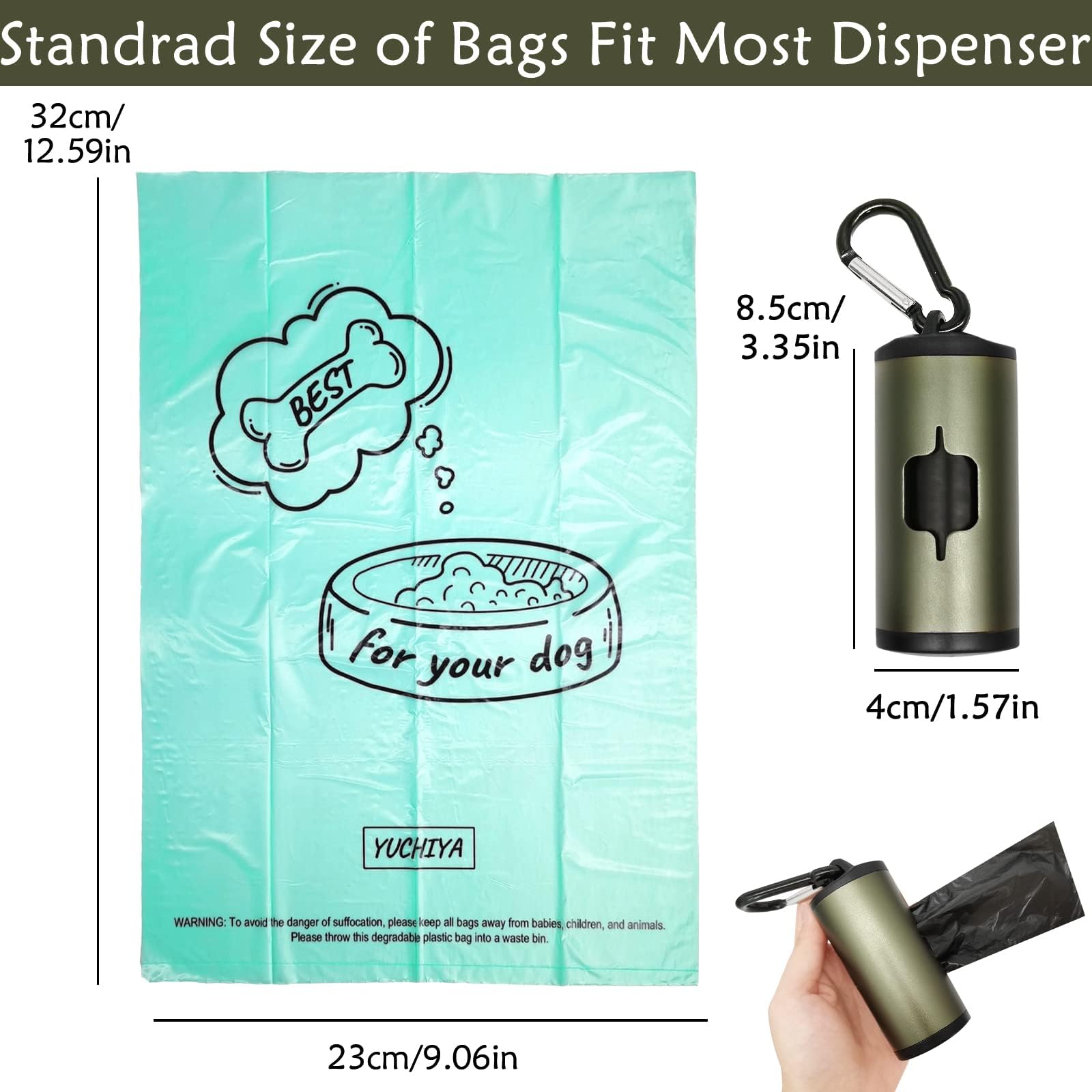 Yuchiya Aluminum Dog Poop Bags Holder With Carabiner Metal Pet Waste Bags Dispenser With Hook And Loop Fastener And Elastic Cord To Carry Used Bags(Olive Green, 1 Holder 195 Bags)